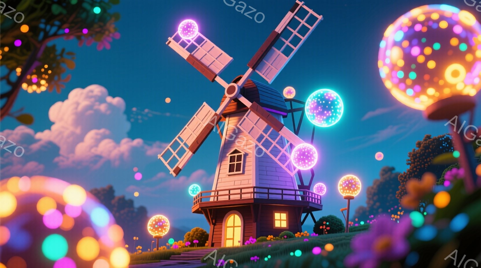 白い風車が緑の丘の上に建っており、周りにはカラフルな光る球体が浮かんでいます。背景には、濃い青色の空と、柔らかいピンクと紫の雲が広がり、ファンタジーのような雰囲気を作り出しています。全体的に明るく、おとぎ話のような、夢幻的な光景です。