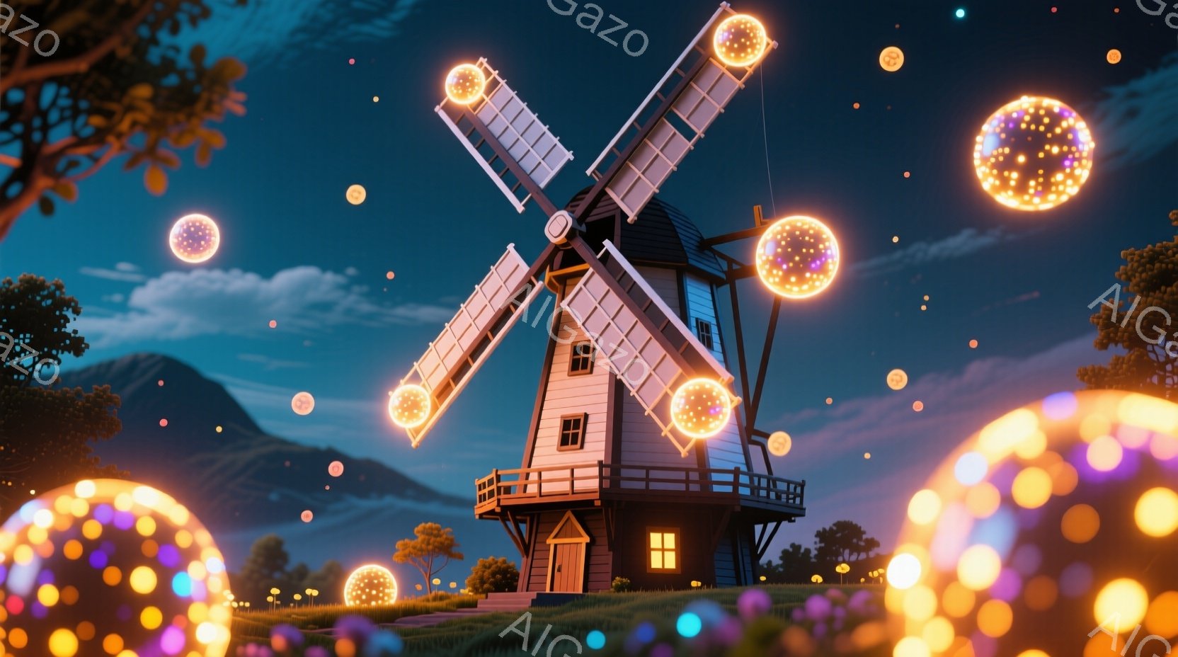 夜の丘に佇む風車が印象的な風景です。風車の羽根は光り輝く球体で構成され、周囲には同様の球体が漂い、幻想的な雰囲気を醸し出しています。背景には穏やかな丘陵地帯と夜空が広がり、全体的に温かく、どこか懐かしい雰囲気をまとっています。