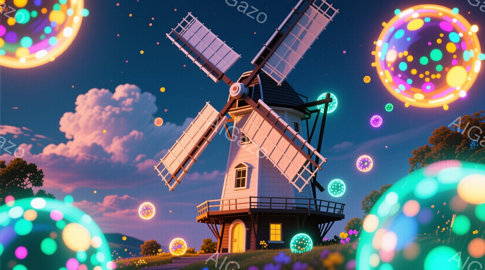 白い風車が、夕焼け空と緑豊かな丘の上に建っています。風車の周りには、さまざまな色で輝く光る球体が浮かび、幻想的な雰囲気を醸し出しています。背景には、柔らかなピンクと紫色の雲が広がり、穏やかで平和な情景を描いています。