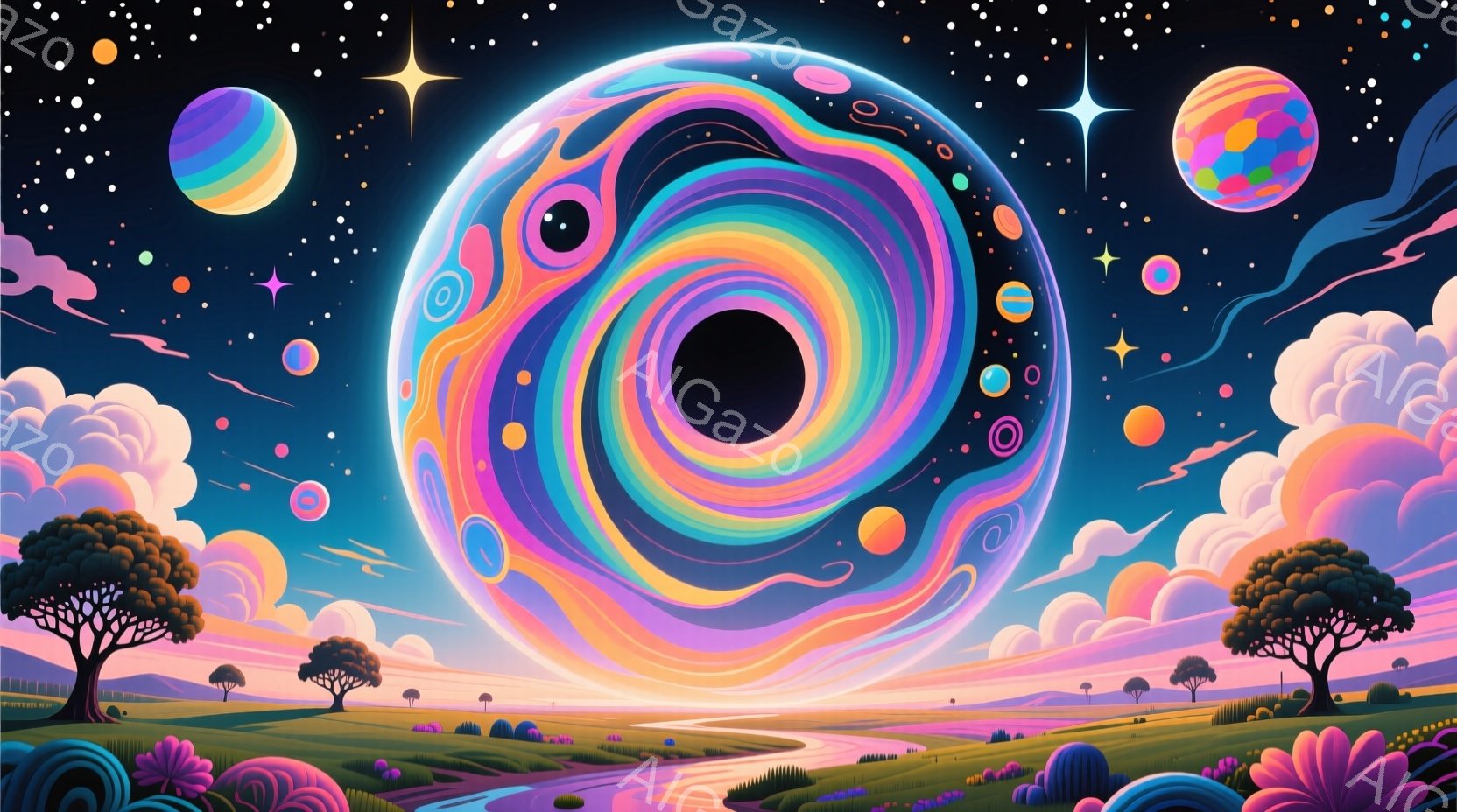 広大な草原に、虹色に輝く巨大な渦巻きが浮かび、まるで異次元への入り口のようです。空には様々な色の惑星が散りばめられ、幻想的な雰囲気を作り出しています。草原には木々が点在し、温かい日差しが降り注ぐ、平和で夢のような光景です。