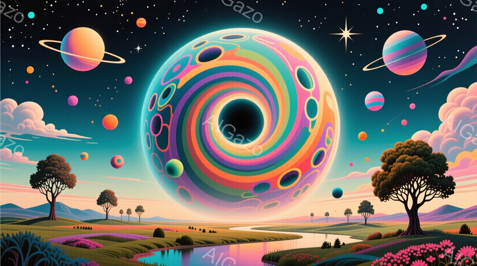 広大な草原の中に、虹色に輝く渦巻き状の球体が浮かんでいる。背景には、様々な色の惑星が散りばめられた夜空が広がり、遠くには山々が連なっている。全体的に夢幻的で、どこか幻想的な雰囲気を感じさせる。