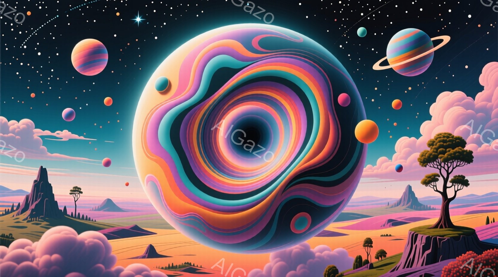 鮮やかな色彩の渦巻状の球体が、薄紫色の空と奇妙な地形の上に大きく浮かんでいる。背景には、尖った山々や奇妙な形をした岩が広がり、遠くには小さな惑星が点在している。全体的に幻想的で夢のような、どこか異世界のような雰囲気が漂っている。