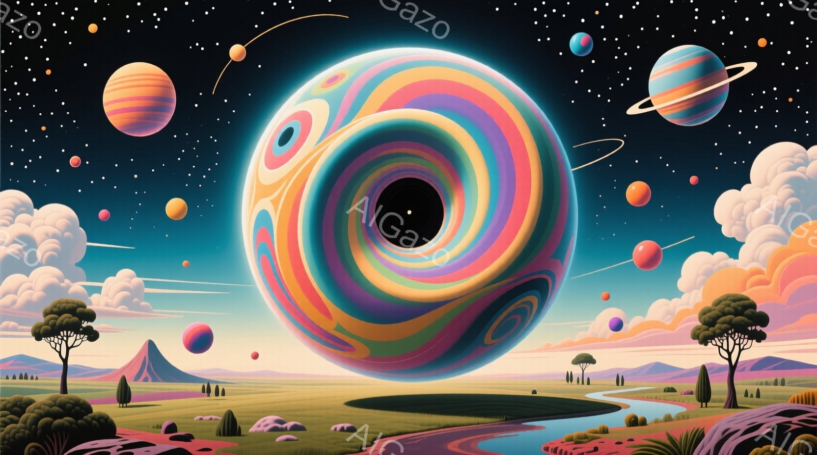 広大な草原に、虹色の渦巻き状の球体が浮かび、まるで異世界への入り口のようです。背景には、遠くに見える山々や、様々な色の惑星が点在し、幻想的な雰囲気を醸し出しています。緑豊かな木々や、蛇行する川が草原の自然を豊かに彩り、まるで夢の中のような風景です。