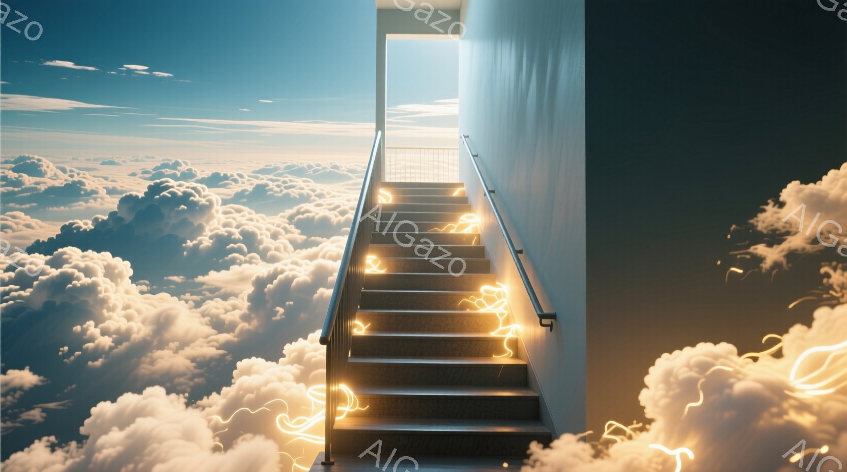 白い雲海を背景に、暗い廊下から続く階段が描かれている。階段は明るい光で縁取られ、未来的な印象を与える。全体的に神秘的で、夢幻的な雰囲気が漂っている。