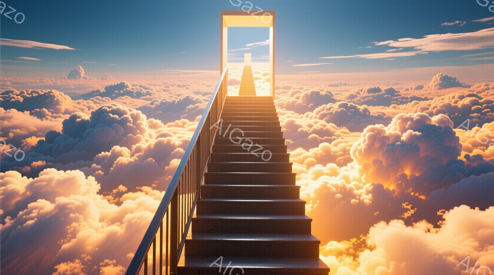 雲海の中にそびえ立つ階段が印象的な画像です。階段は光に満ちた開口部へと続き、まるで天国への道を示しているかのようです。全体的に暖色系の色使いで、希望や夢、そして超越的な雰囲気を醸し出しています。