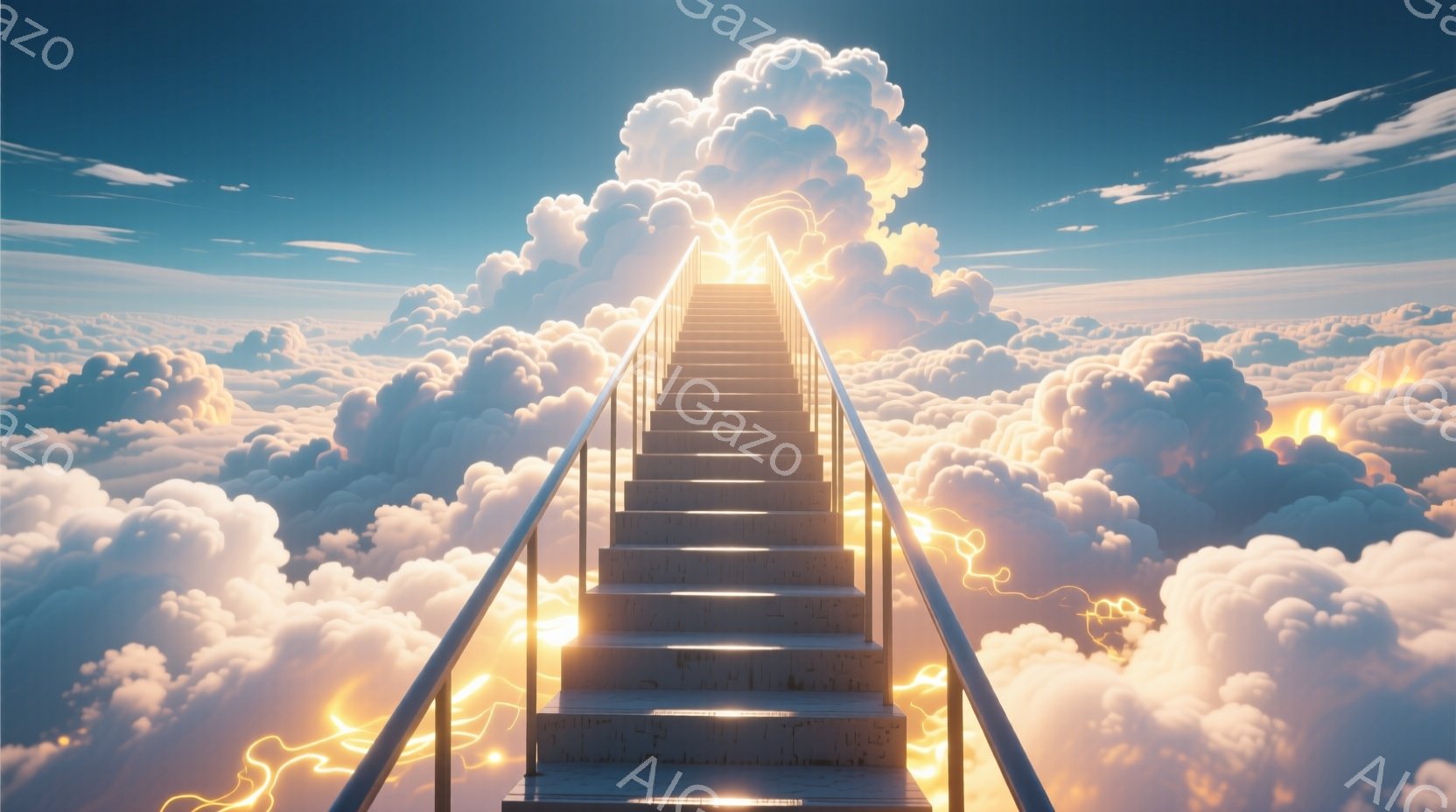 天空に伸びる石段が印象的な光景です。階段は雲海の中に消え込み、その周囲には金色に輝く光の粒子が舞い散っています。雲は柔らかく、まるで夢のような幻想的な雰囲気を醸し出しています。 - AI生成フリー素材