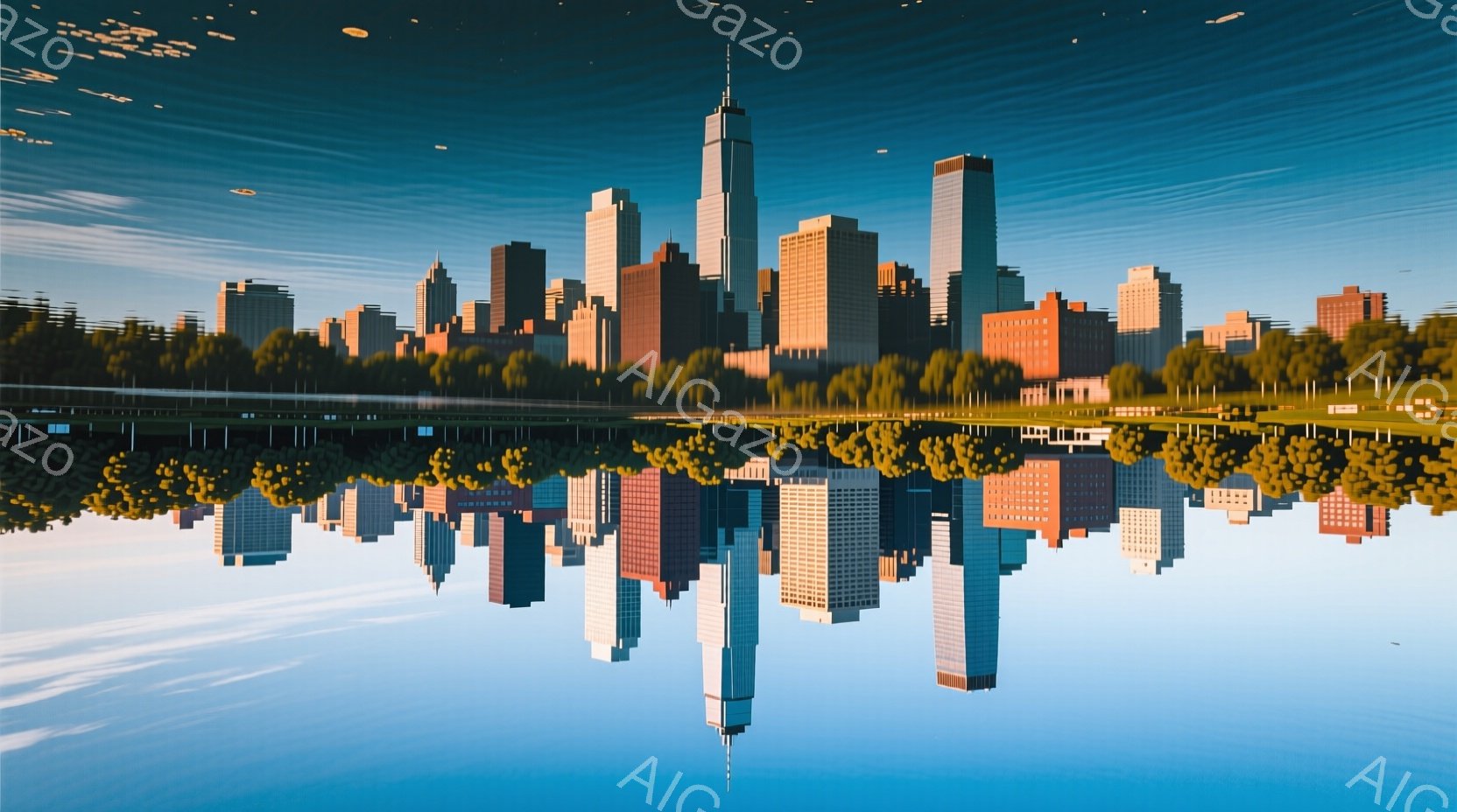 緑豊かな公園の向こうにそびえ立つ高層ビル群の反射を捉えたものです。摩天楼は、澄んだ水面に鮮やかに映り込み、まるで別世界が広がっているかのようです。穏やかな水面と高層ビルのコントラストが、静けさと都会の活気が共存する独特の雰囲気を生み出しています。