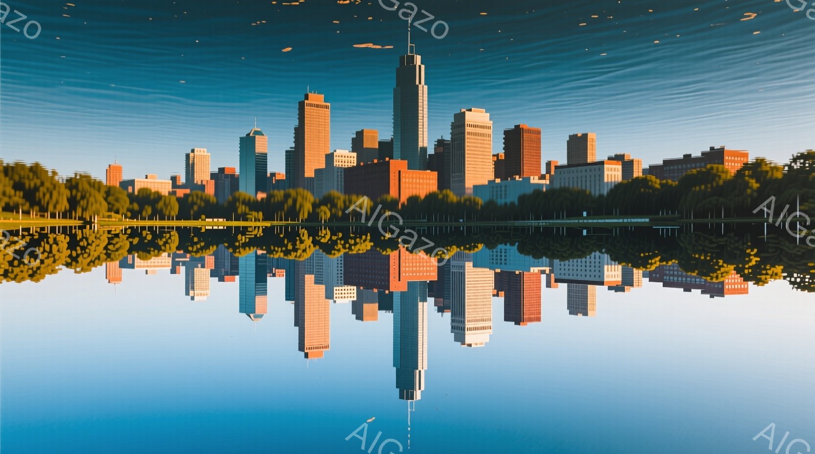 穏やかな水面に都市のスカイラインが映り込み、まるで鏡の世界が広がっているようです。高層ビル群はオレンジとグレーの落ち着いた色調で描かれ、水面の波紋と相まって静かで幻想的な雰囲気を醸し出しています。背景には緑豊かな木々が見え、晴れた空と水面のコントラストが、平和で美しい光景を作り出しています。