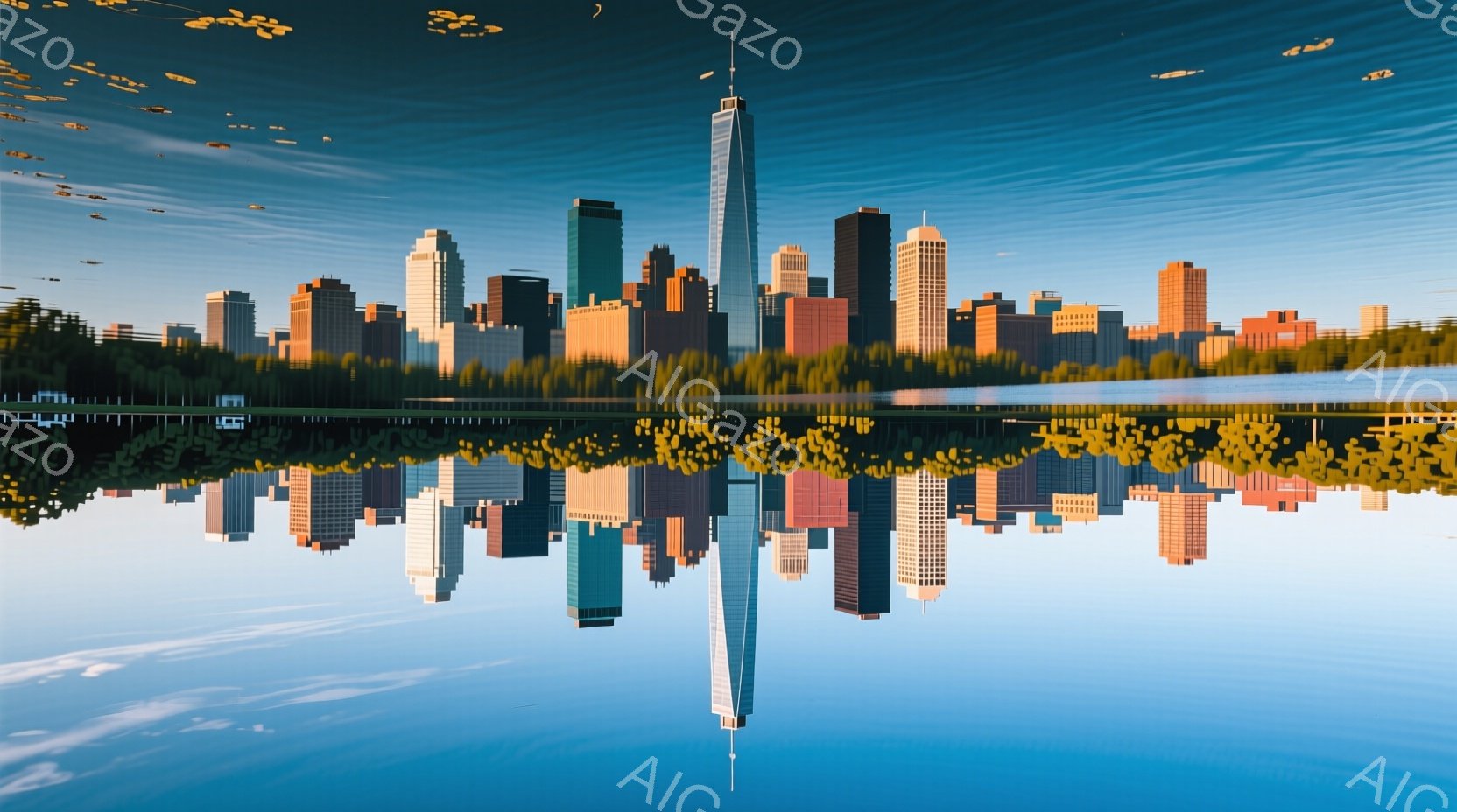 水面に反射した都市のスカイラインを描いています。高層ビル群が整然と並び、その姿が水面にきれいに映り込んで、まるで鏡のような光景を作り出しています。背景には緑豊かな自然が広がり、空は穏やかな青色で、全体的に静かで平和な雰囲気が漂っています。