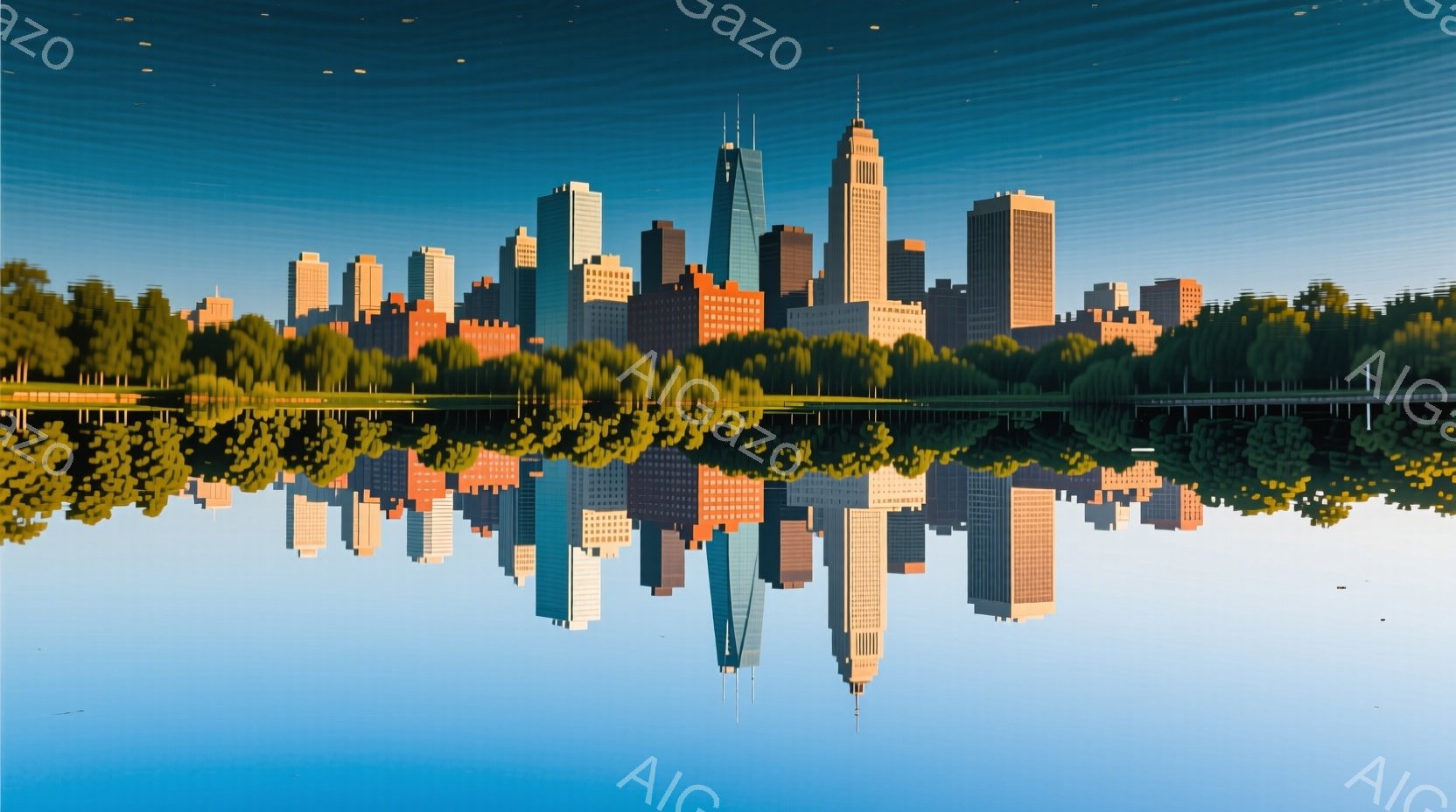 鮮やかな青色の水面が広がり、その中に高層ビル群が映り込んでいます。建物は多様な高さとデザインを持ち、緑豊かな木々が水際を彩り、都市と自然が調和した美しい風景を作り出しています。空は穏やかで、全体的に静 - AI生成フリー素材