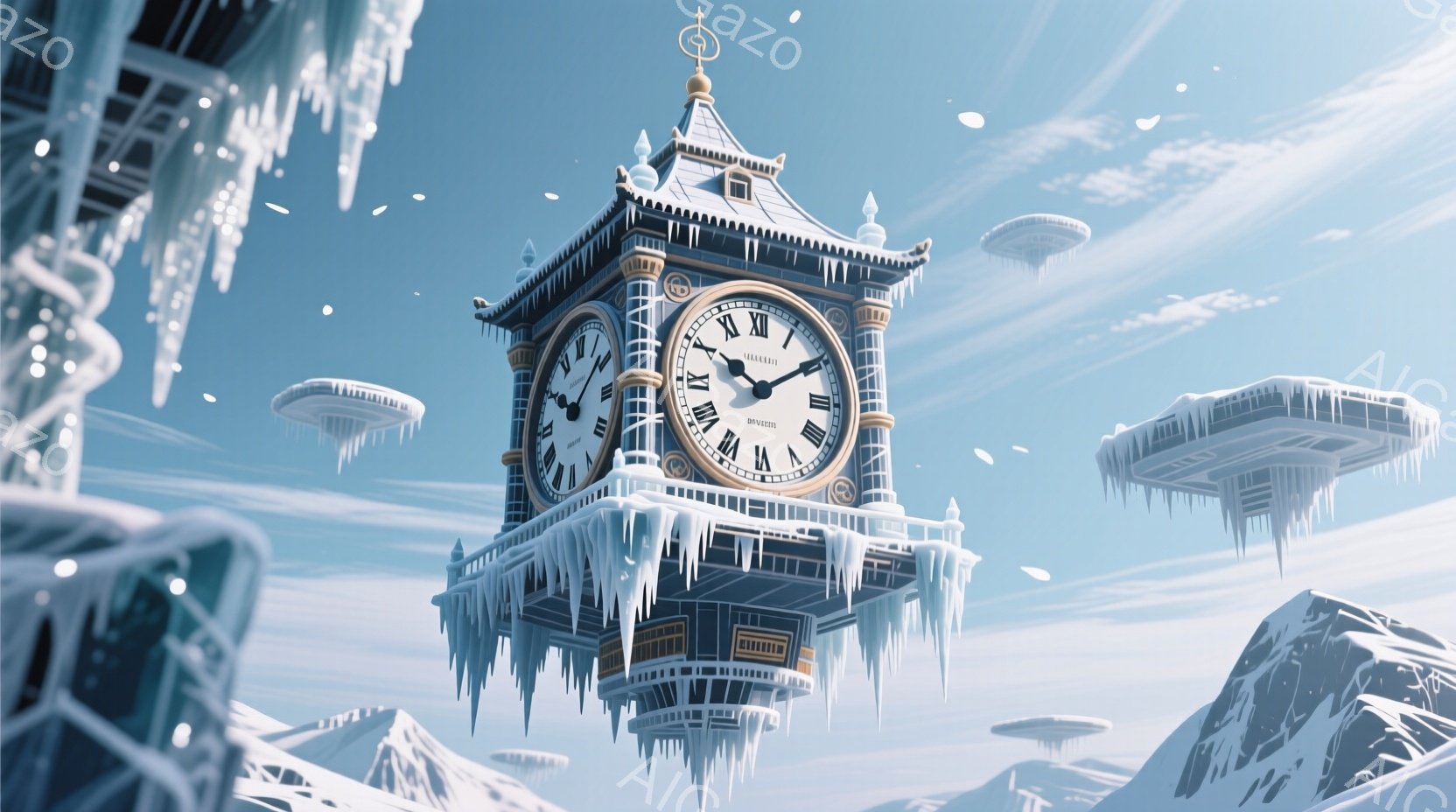 凍り付いたような青空の下、氷の装飾が施された時計台が浮かんでいる風景です。雪山と氷の浮遊島々が広がり、まるで冬の異世界を思わせる静かで幻想的な雰囲気です。時計台には雪が降り積もり、厳寒の世界観を強調しています。