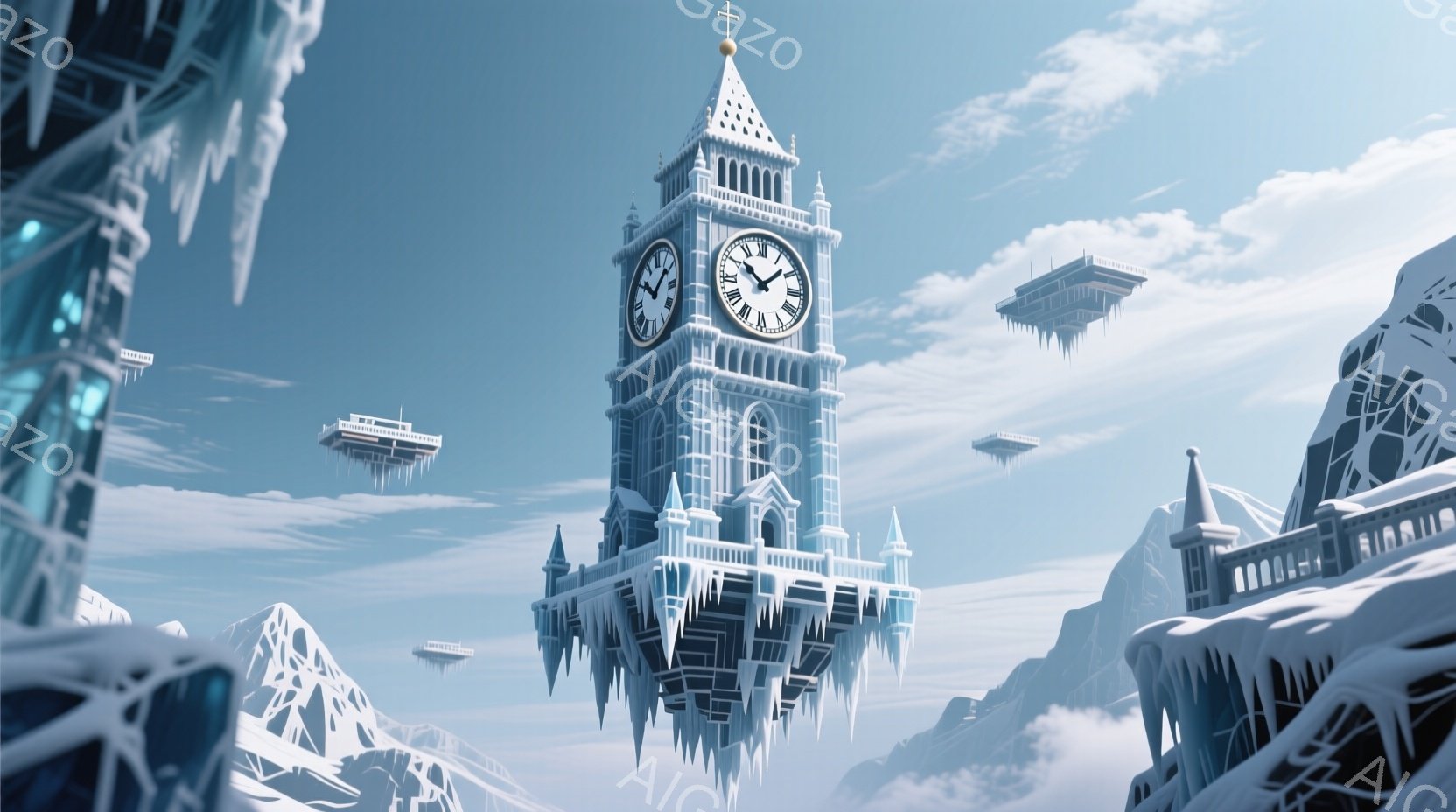 凍てつくような青色の空の下、雪と氷に覆われた巨大な時計台が浮遊しています。周囲には、同様に浮遊する建造物や、雪に覆われた山々が広がり、幻想的で静寂な雰囲気を醸し出しています。全体的に冷たく、どこか神秘的な世界観を感じさせる風景です。