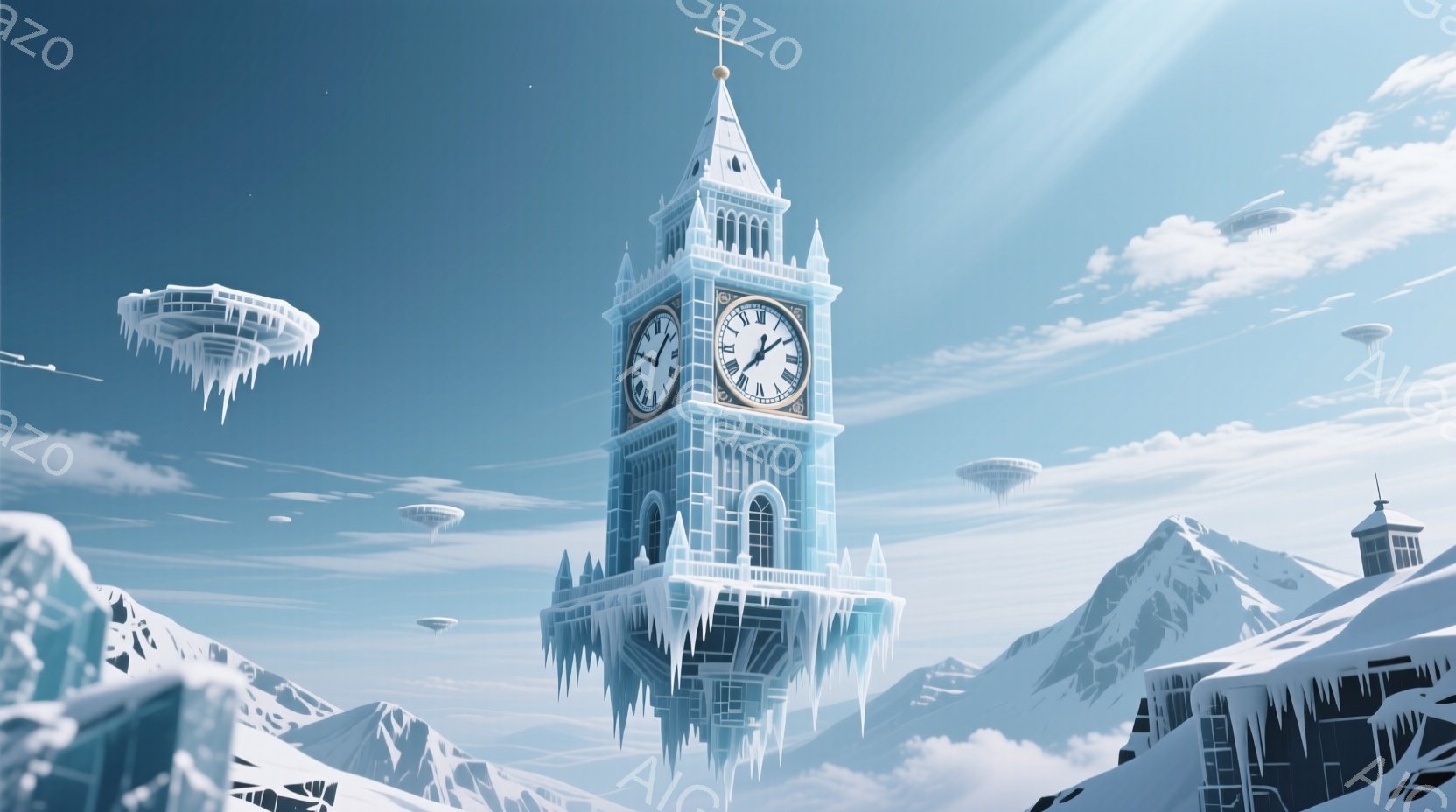 氷と雪に覆われた山々にそびえ立つ、壮大な時計台が印象的な風景です。青白い氷の建物は、まるで空中に浮かんでいるかのように見え、周囲には同様の小さな建物が点在しています。背景には雪山が連なり、空には白い雲が広がり、冷たく幻想的な雰囲気を醸し出しています。