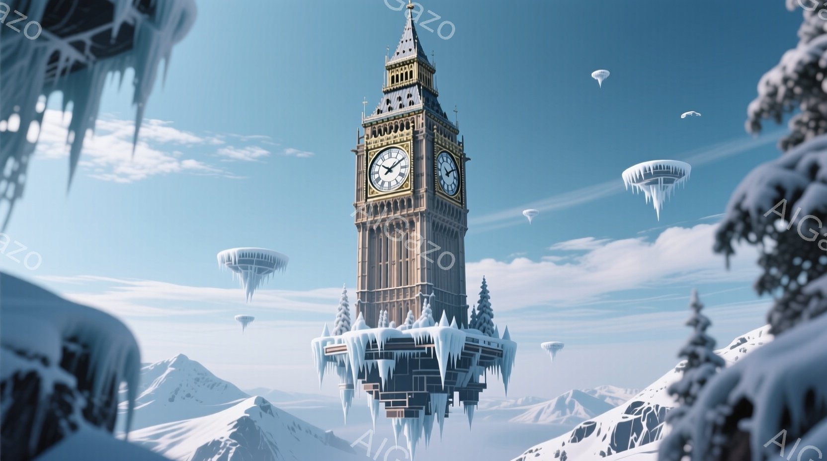 大英帝国の象徴であるビッグ・ベンが、雪に覆われた山々の上に浮かぶ幻想的な光景が描かれています。建物自体も雪と氷で覆われ、周囲には浮遊する氷の島や松の木が点在しており、まるで極寒の異世界に存在するようです。空は澄み切った青空が広がり、全体的に静寂で神秘的な雰囲気が漂っています。