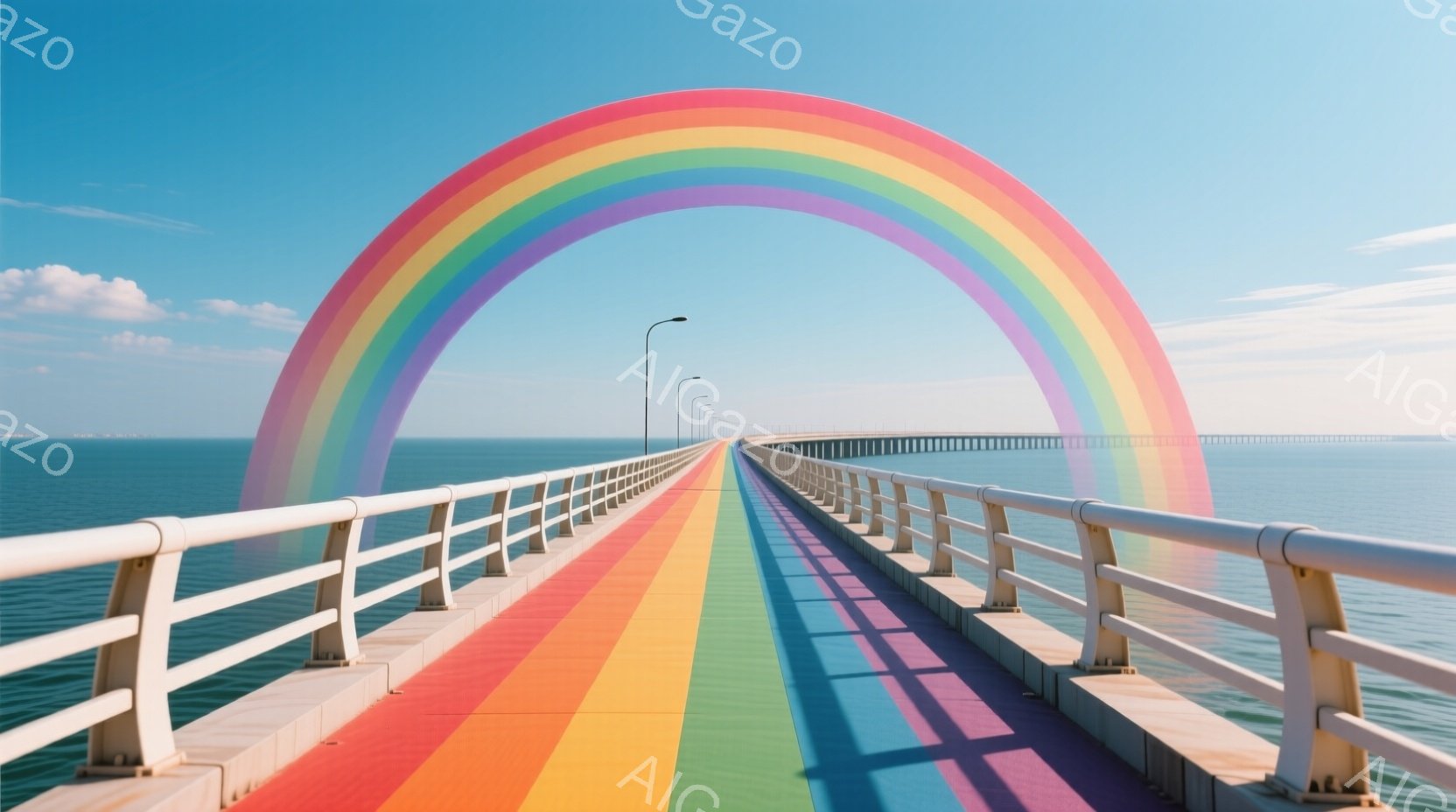 長い橋の路面が虹色に染まっており、まるで虹の上を歩いているような幻想的な光景が広がっています。青い海と空が背景に広がり、橋の遠くにはぼんやりと陸地が見えます。晴天で穏やかな空気感が漂い、希望に満ちた暖かい印象を与えます。