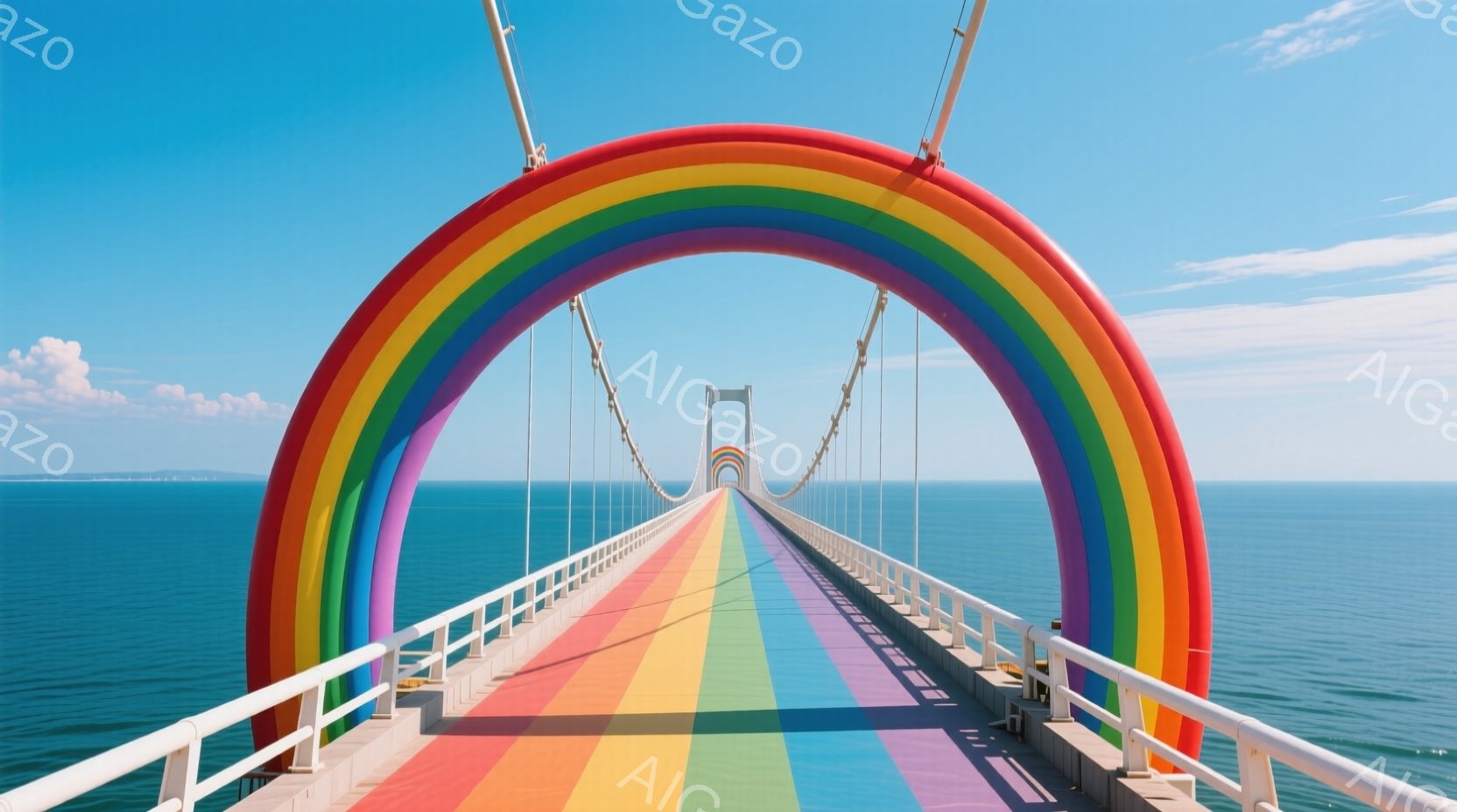 鮮やかな虹色のアーチが海上に伸びる橋の写真です。橋の歩道は虹色にペイントされており、遠くには穏やかな海と空が広がっています。青い空とエメラルドグリーンの海が美しいコントラストを生み出し、平和で幻想的な雰囲気を醸し出しています。