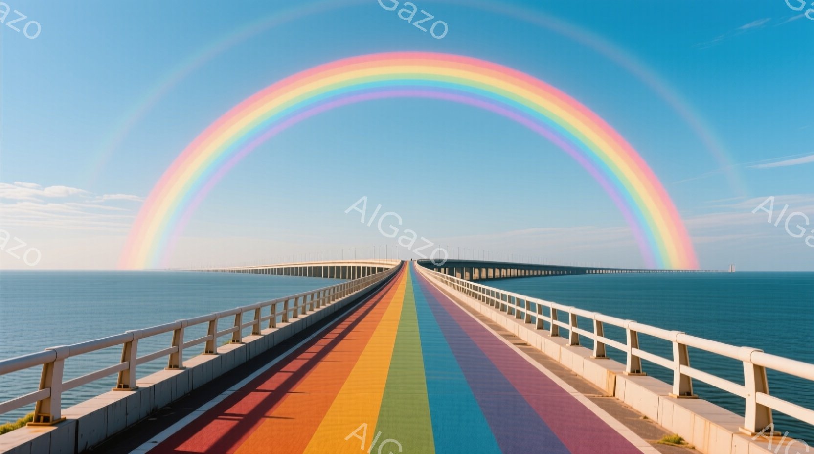長い橋の歩道が鮮やかな虹色に彩られ、遠く水平線まで続いている。穏やかな青い海が広がり、空は晴れ、橋の構造物が小さく点在している。全体的に明るく希望に満ちた、平和な雰囲気が漂っている。