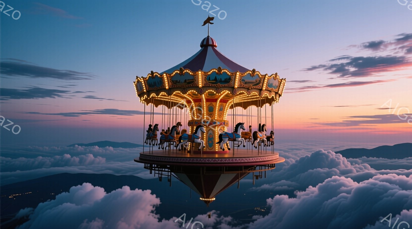 空中に浮かぶ美しい観覧車が印象的な画像です。観覧車は鮮やかな色彩で飾られ、夕焼け空と白い雲海の中に浮かび、幻想的な雰囲気を醸し出しています。観覧車の周りには、夕暮れ時の山々がシルエットとして浮かび上が - AI生成フリー素材