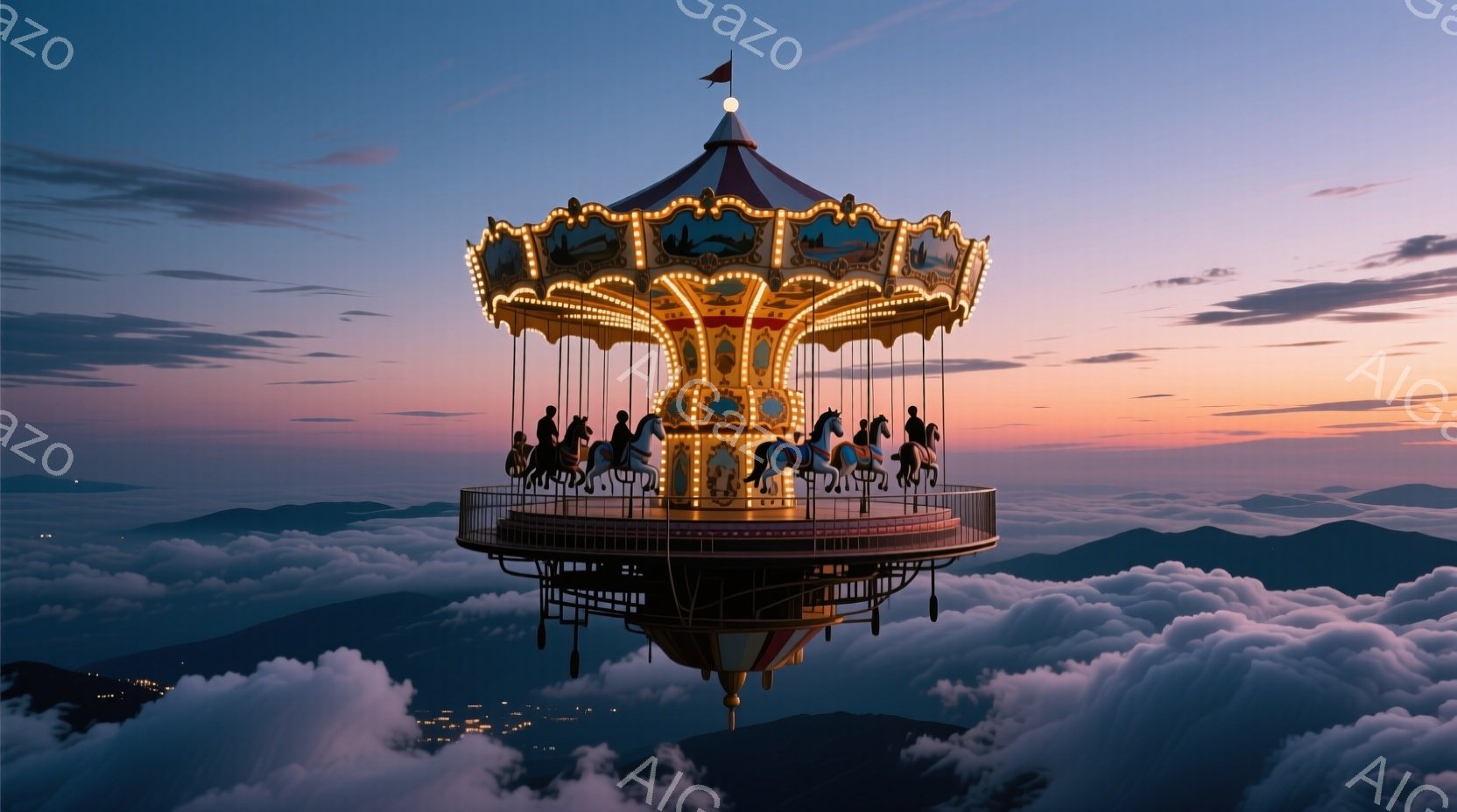 古びた遊園地のメリーゴーラウンドが雲海の上に浮かんでいる幻想的な光景だ。夕焼け空のグラデーションが雲を赤やオレンジ色に染め上げ、遊園地はまるで空に浮かぶ島のように見える。山並みと都市の灯りが遠くに見え、全体的にノスタルジックで神秘的な雰囲気を醸し出している。