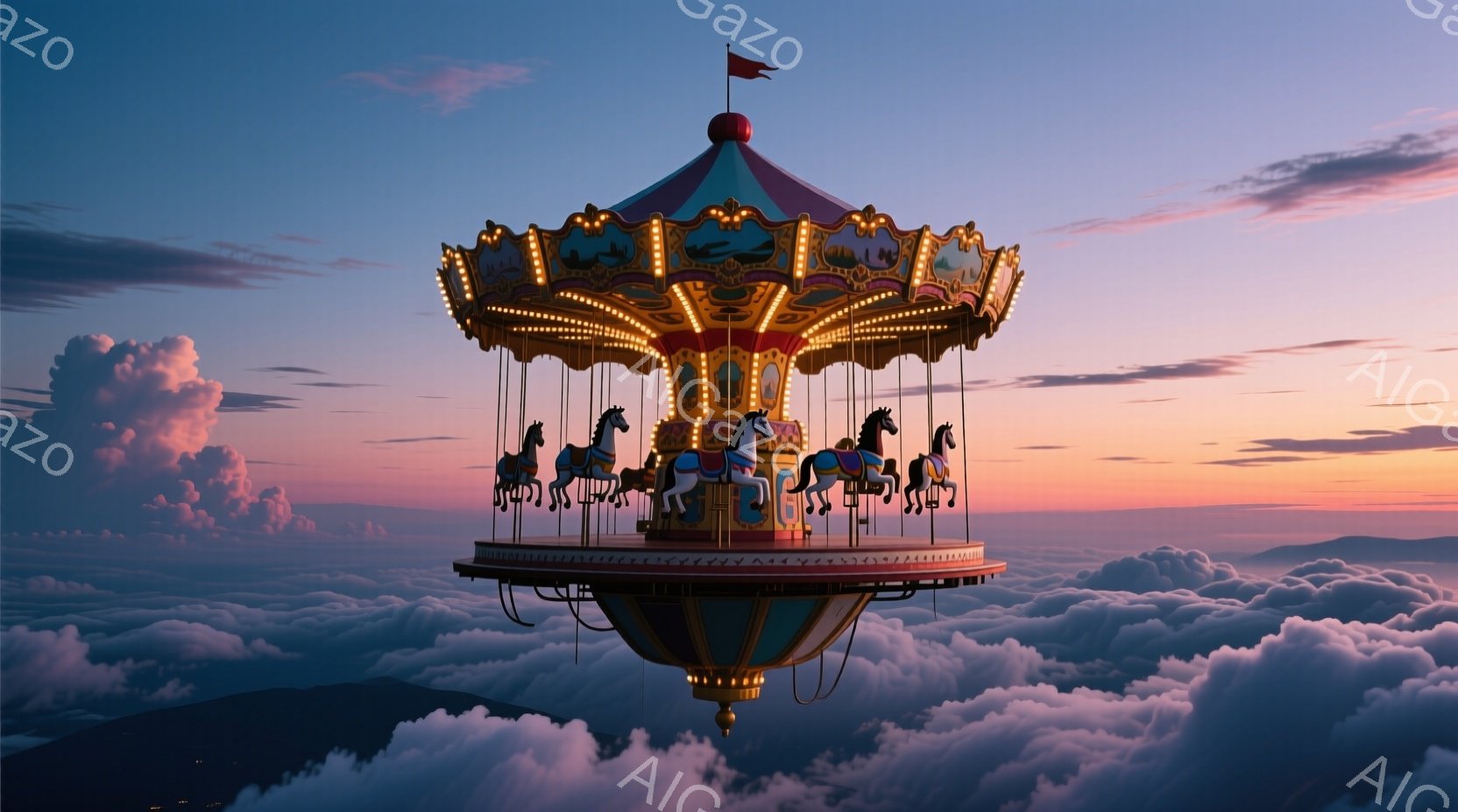 空中に浮かぶ回転木馬が印象的な画像です。雲海の上に、鮮やかな色彩の回転木馬が浮かび、夕焼け空を背景に幻想的な雰囲気を醸し出しています。回転木馬の下には、バルーンのような構造があり、まるで空を旅する乗り物のようです。