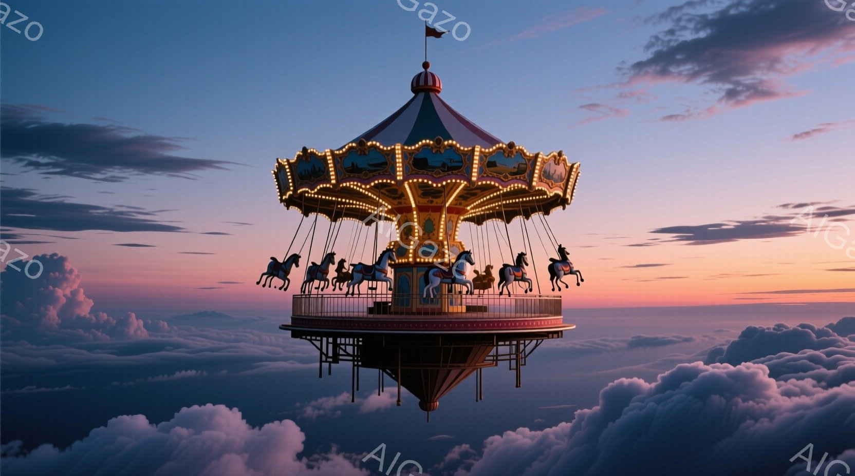 雲海の上に浮かぶメリーゴーランドが印象的な画像です。黄金色と茶色の装飾が施された乗り物は、白馬の彫刻が並び、どこか幻想的な雰囲気を醸し出しています。背景には夕焼けのようなグラデーションが広がり、空と雲が美しいコントラストを生み出しています。