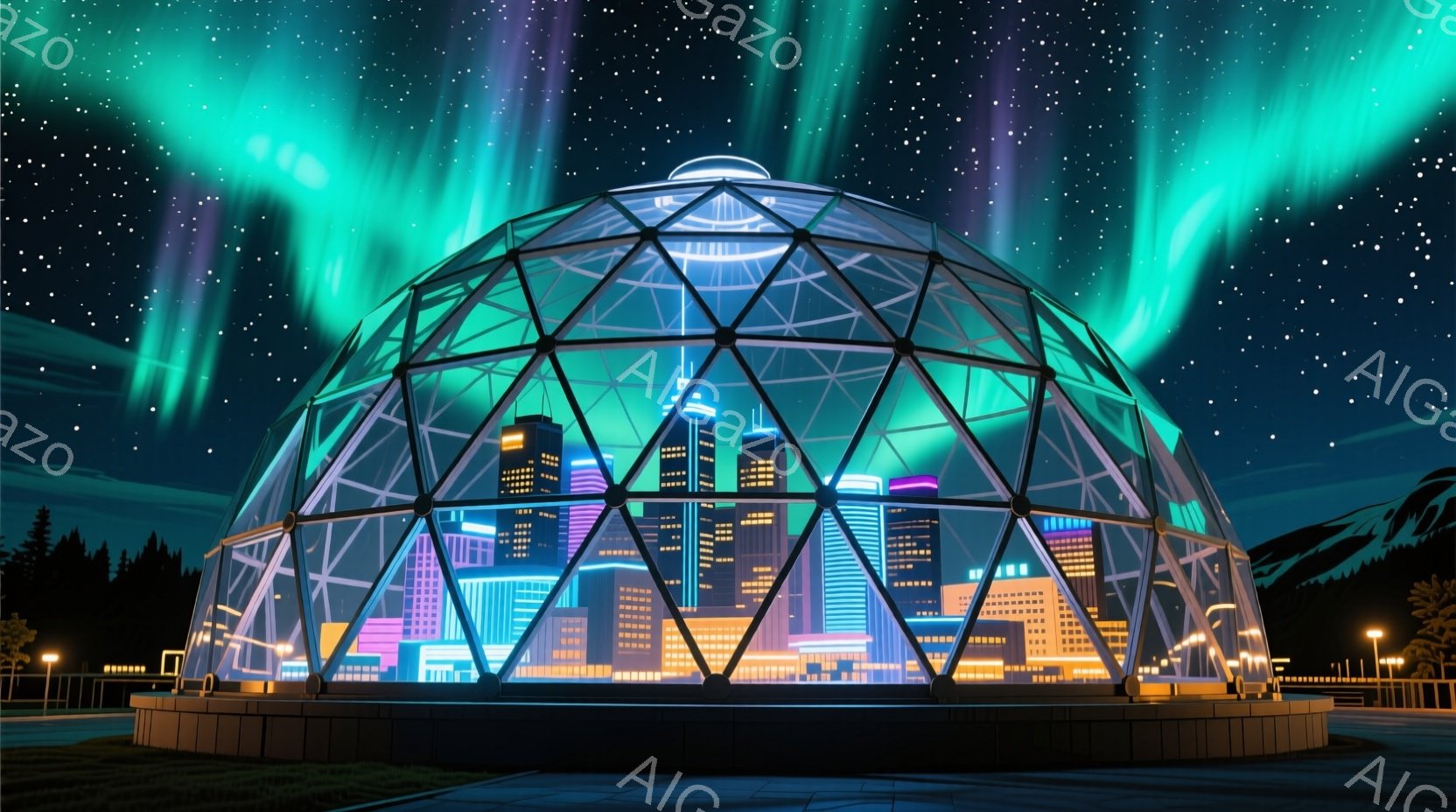 巨大なドーム状の構造物が、都市のスカイラインを包み込んでいます。夜空にはオーロラが輝き、ドーム内部の建物は鮮やかな光で照らされています。ドームの周囲には街灯が並び、未来都市と自然が融合した幻想的な雰囲 - AI生成フリー素材