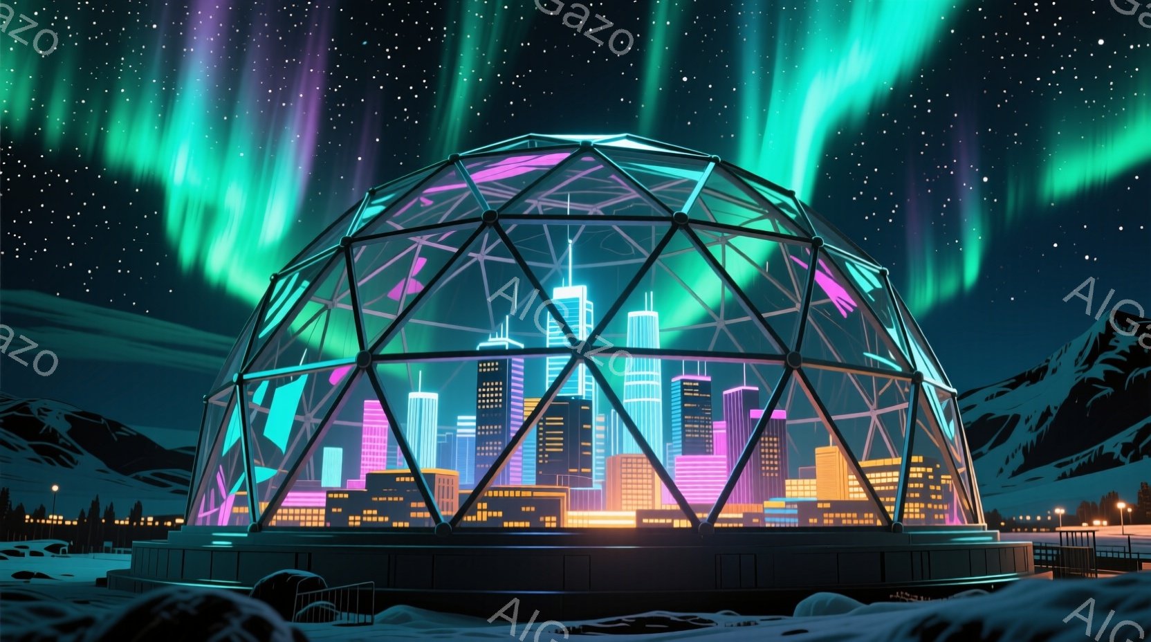 鮮やかなオーロラが夜空を彩る雪景色の中に、未来都市を覆うドーム型の構造物がそびえ立っている。都市はネオンライトで照らされ、雪原に浮かび上がるその姿は、まるで別世界に迷い込んだかのような幻想的な雰囲気を醸し出している。ドームの構造は金属製で、夜空と雪景色とのコントラストが、未来的な技術と自然の美しさを強調している。