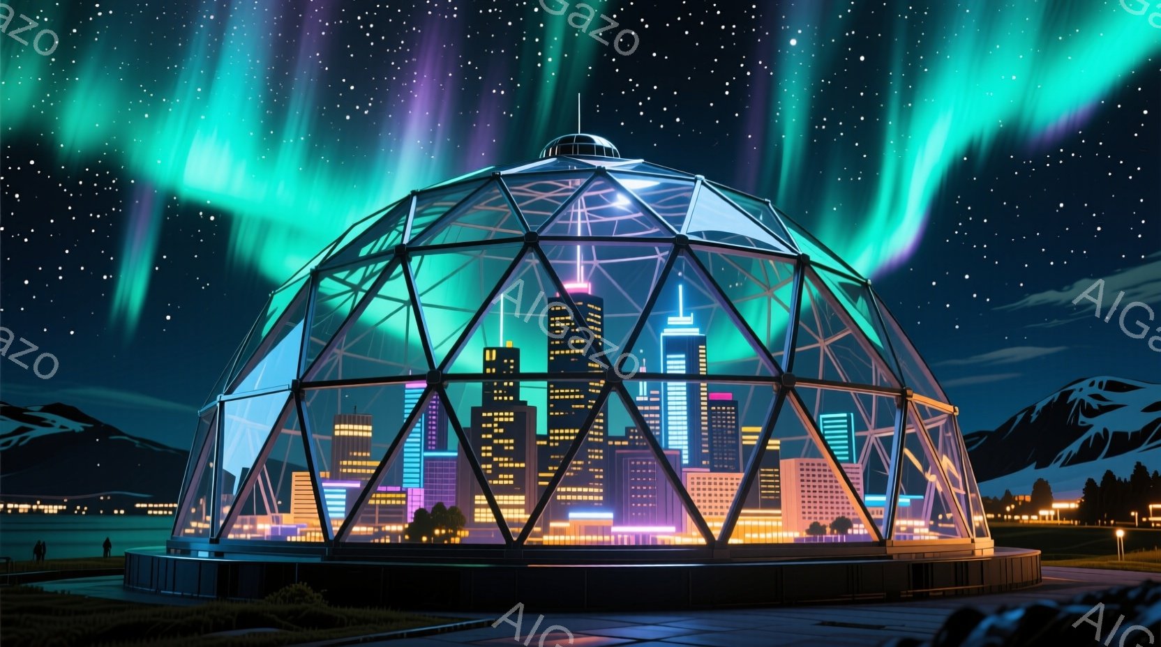 夜空にオーロラが輝き、ドーム状の構造物が都市景観を収容している様子が描かれている。ドームは複雑な幾何学的なパターンで構成され、内部の建物はカラフルな光で照らされている。遠景には山々が見え、全体的に未来都市と自然が調和した幻想的な雰囲気を醸し出している。