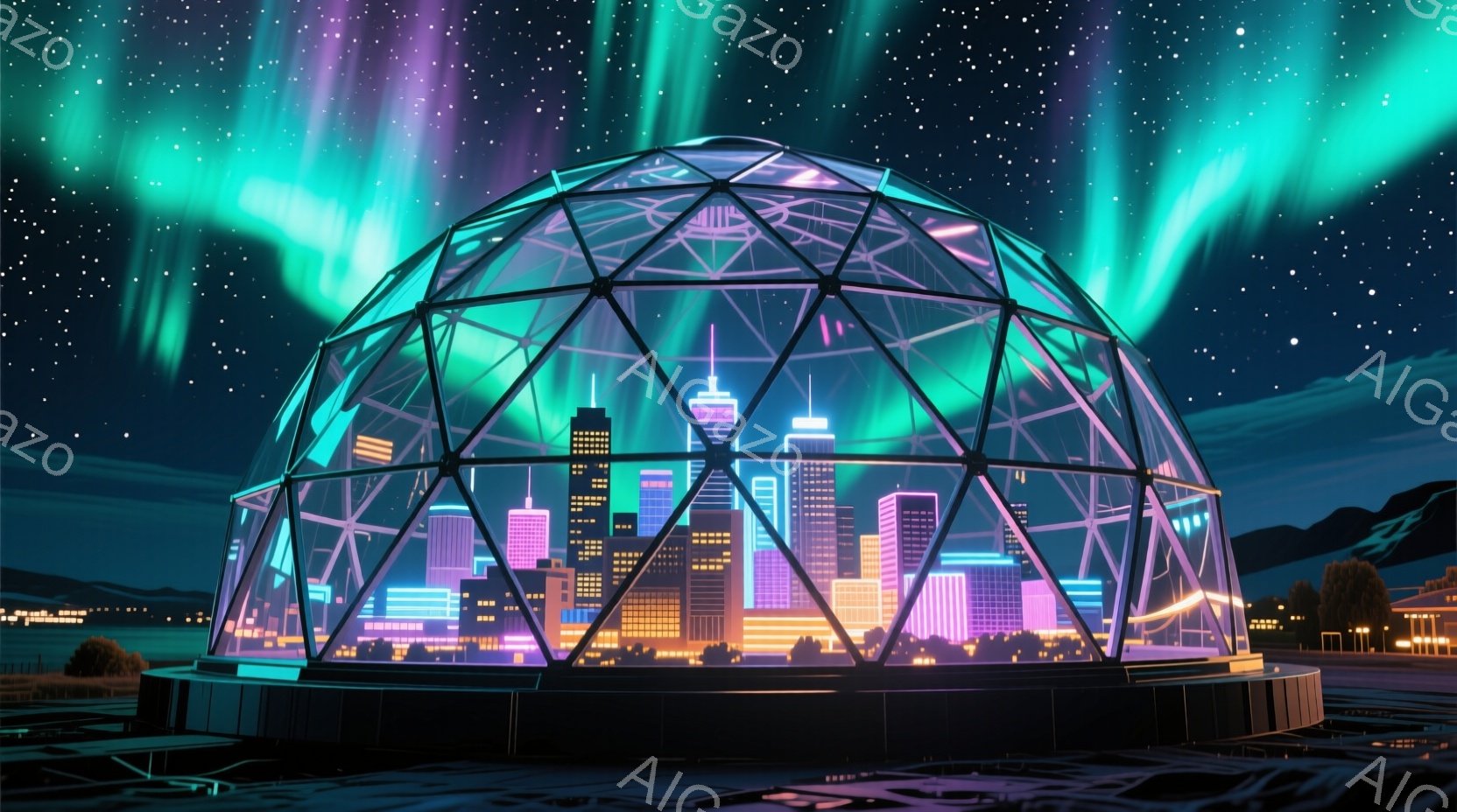 夜空にはオーロラが輝き、その下には未来的な都市がドーム型の構造物の中に広がっている。都市はネオンライトで照らされ、高層ビル群が密集しており、暗い夜空とのコントラストが印象的だ。雪に覆われた地面と遠くに - AI生成フリー素材