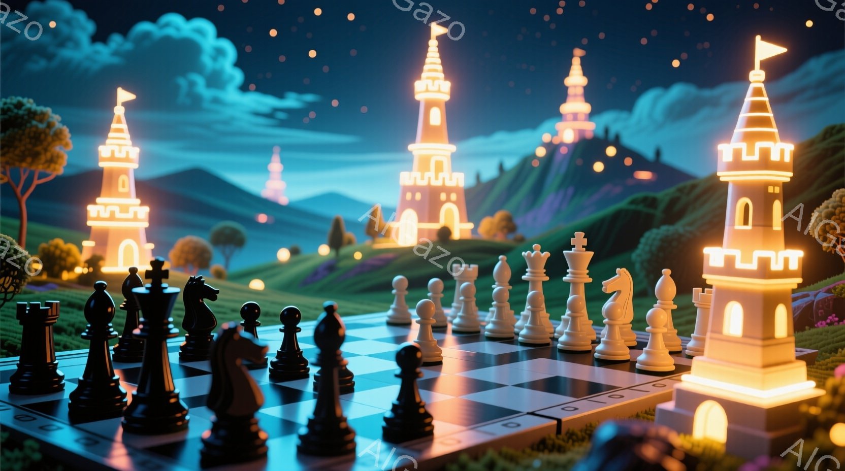 白と黒のチェスの駒が緑の芝生の上に置かれたチェス盤が、明るい黄金色の城のシルエットを背景に配置されている。空は暗く、星がちりばめられ、遠くには緑の丘が広がっている。全体的に幻想的で、夢のような雰囲気を醸し出している。