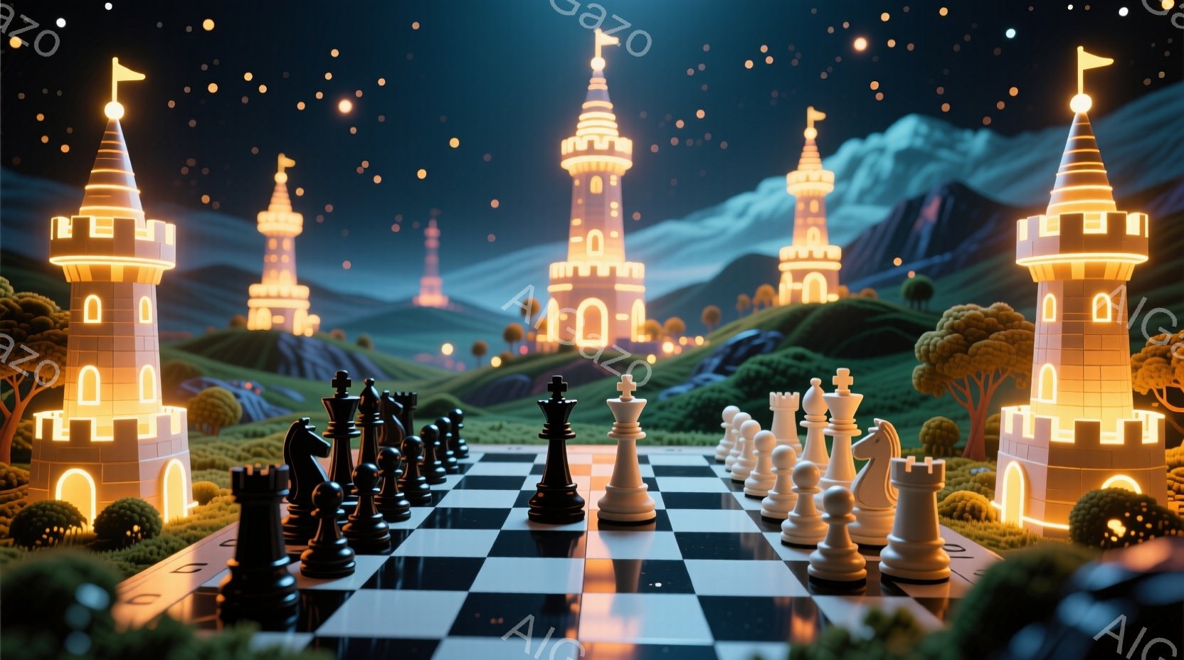チェスの駒が並べられたチェス盤が、ファンタジーのような風景の中に置かれています。背景には、光り輝く城のような建物と、緑豊かな丘陵地帯が広がっており、夜空には星が輝いています。全体的に、幻想的で夢のような雰囲気であり、おとぎ話の世界を彷彿とさせます。