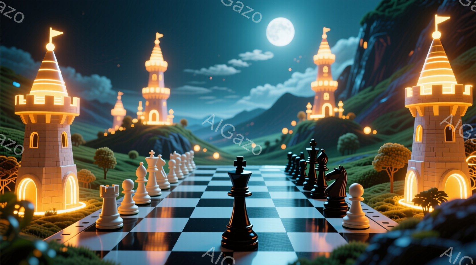 広大なチェス盤が、夜空の下、幻想的な光を放つ城塞に挟まれた丘陵地帯に広がっている。白と黒の駒が整然と並び、月明かりと城塞からの光が照らし出し、まるで魔法のような雰囲気を醸し出している。背景には、緑豊かな自然と山々が広がっており、夜空には雲が浮かび、全体として神秘的で夢幻的な印象を与える。