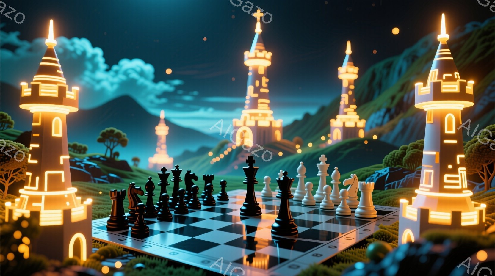 広大な緑の丘陵地帯に、光り輝くチェス盤が置かれています。盤の周りには、象牙色の塔のような建造物が立ち並び、ファンタジックな雰囲気を醸し出しています。背景には、青みがかった山々が霞んで見え、夜空には星が輝いています。