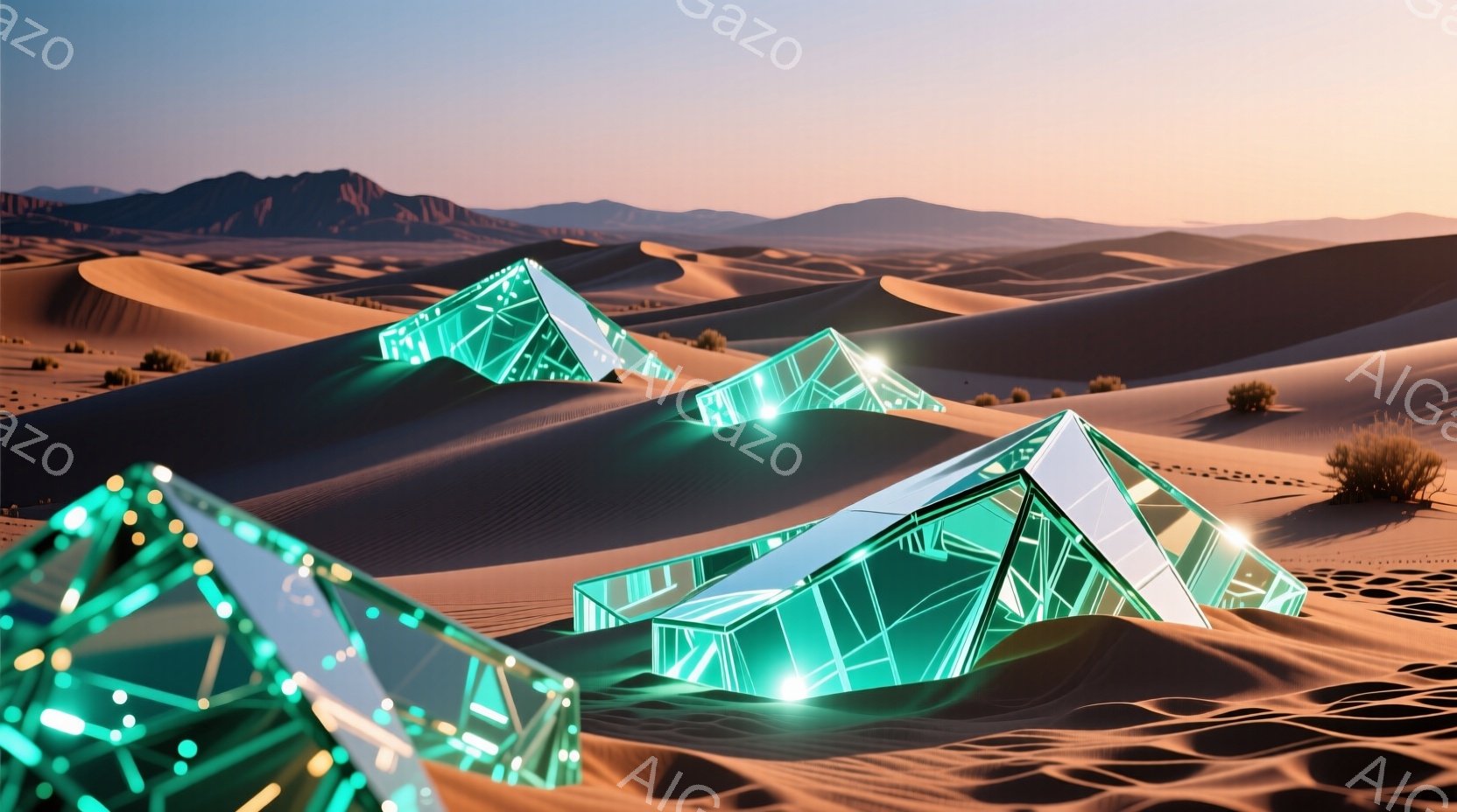 広大な砂漠の中に、エメラルド色の幾何学的な結晶体が点在している様子が描かれている。砂丘は夕焼けの光を受けてオレンジ色に輝き、遠くには霞んだ山並みが連なっている。全体的に神秘的で幻想的な雰囲気が漂い、まるで異世界に迷い込んだような感覚を覚える。