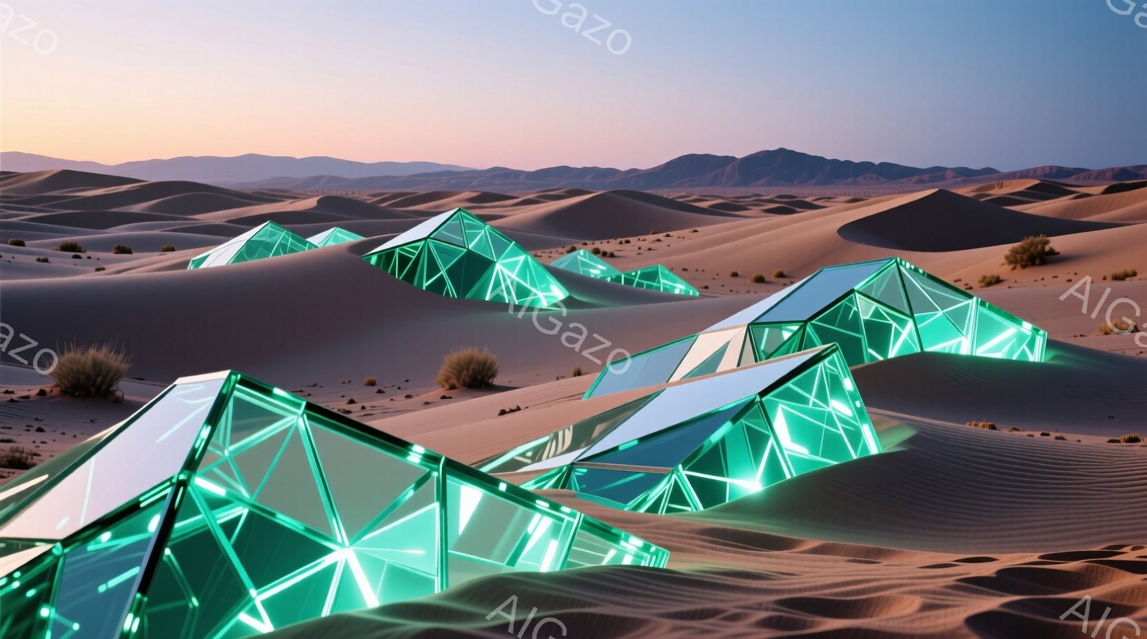 広大な砂漠の中に、幾何学的な緑色のプリズム状の構造物が点在している。砂丘は穏やかな曲線を描き、背景にはぼんやりとした山脈が霞んで見える。全体的に、静かで神秘的な雰囲気を醸し出しており、未来的な景観が印象的だ。