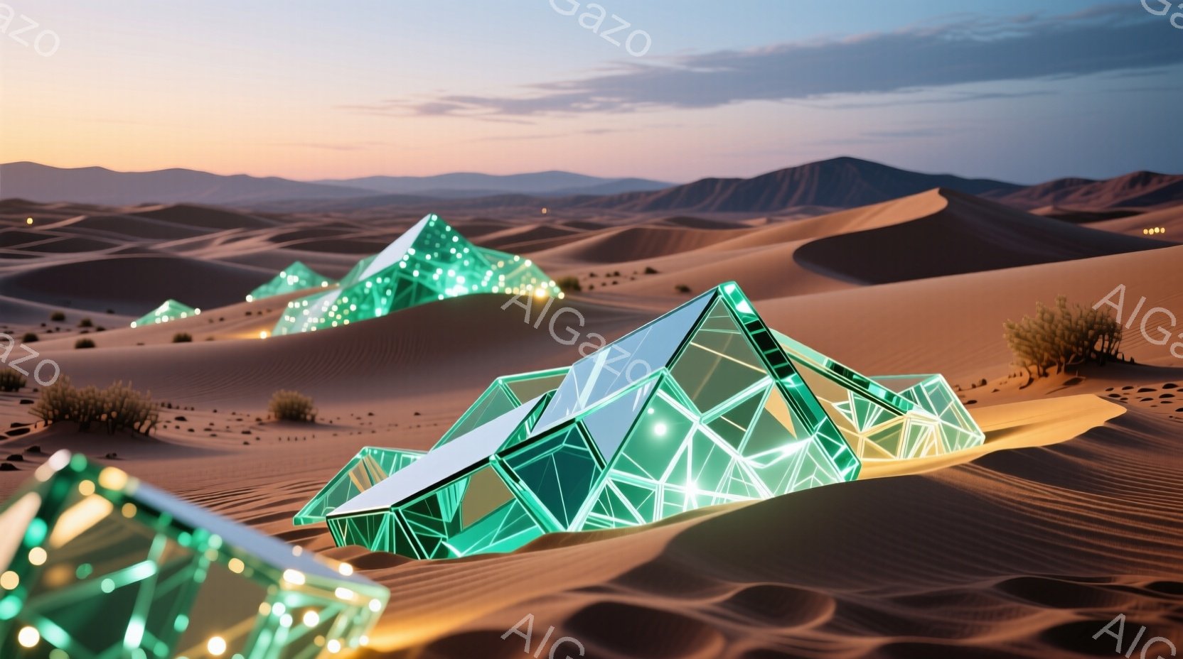砂漠の中に、緑色の幾何学的なピラミッドのような構造物が点在している。周囲は砂丘が連なり、薄暗い夕暮れのような空が広がっている。全体的に静かで神秘的な雰囲気が漂っている。
