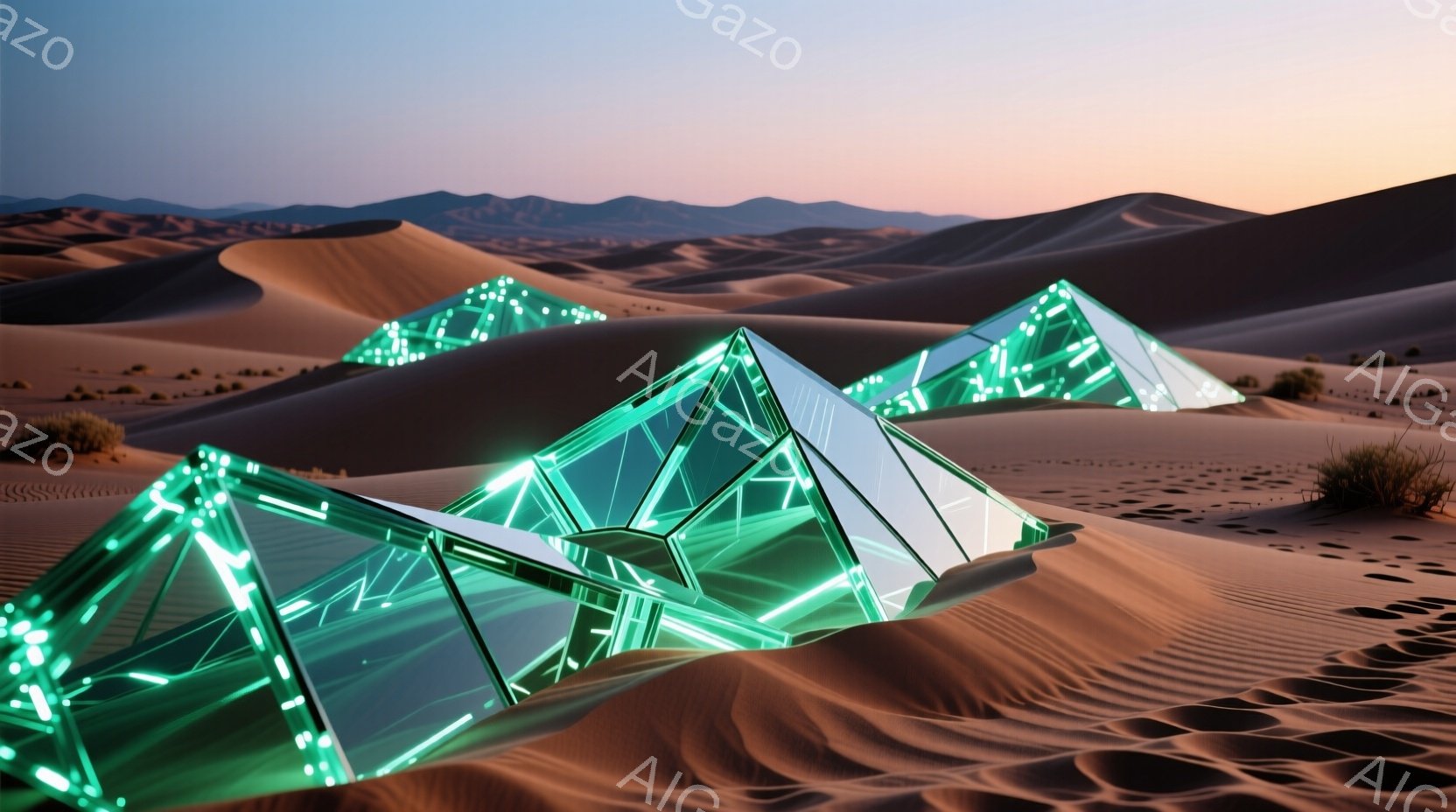 広大な砂漠の中に、発光する緑色の幾何学的なピラミッド構造物が点在している。砂丘はオレンジ色で、夕暮れ時の空はピンクと紫の色合いを帯び、全体的に幻想的で未来的な雰囲気を醸し出している。植物はまばらで、風景は乾燥しており、ピラミッドの発光がアクセントとなっている。
