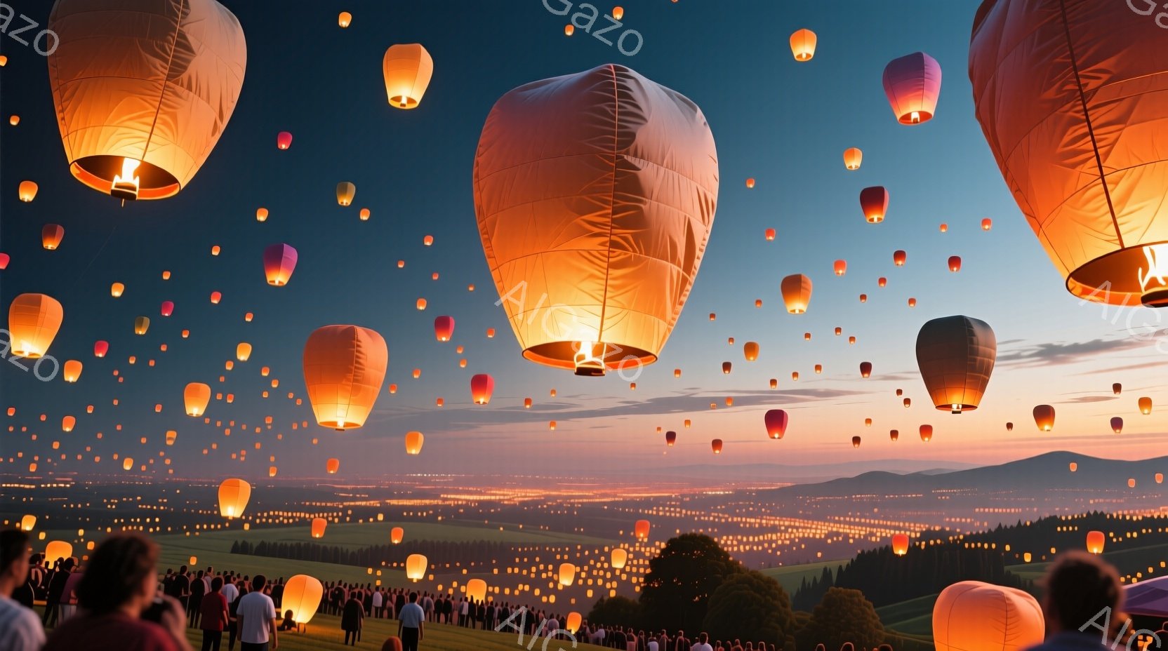 夕暮れ時の丘に人々が集まり、空には無数の提灯が浮かんでいる。人々はカジュアルな服装で、後ろを振り返りながら提灯を見上げている様子が伺える。背景には、街の明かりが広がり、遠くには山々がシルエットとなって浮かび、幻想的な雰囲気を醸し出している。