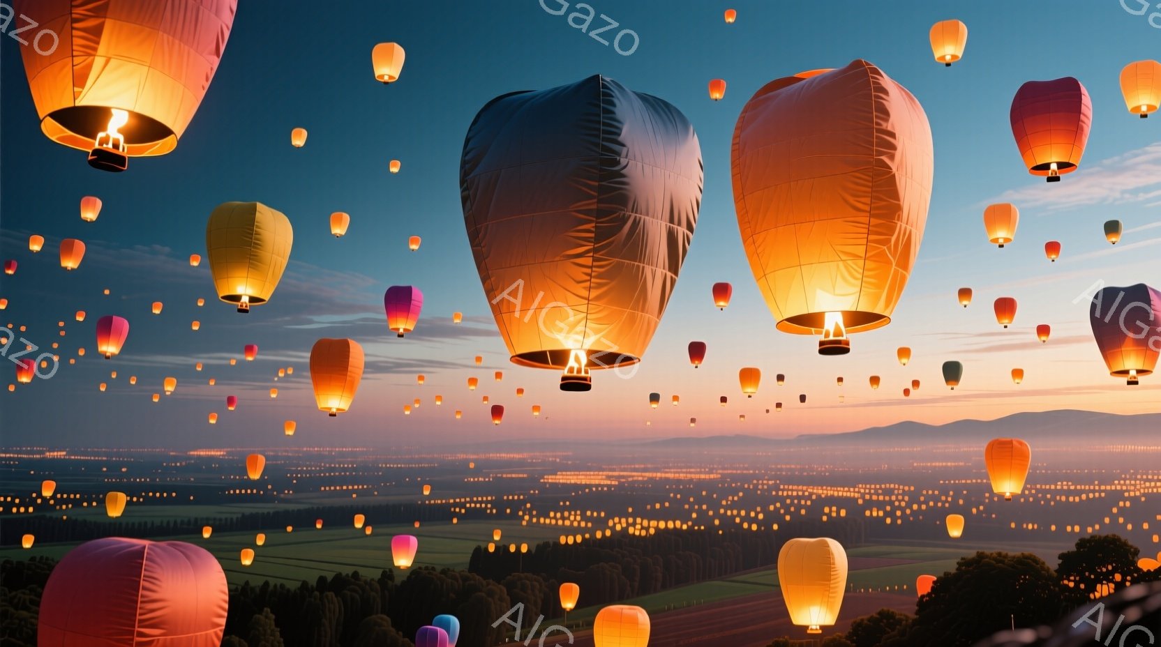 鮮やかな色彩の空中にたくさんの提灯が浮かび上がり、幻想的な光景を作り出している。提灯は様々な色合いを持ち、オレンジ、赤、黄色、紫などが混ざり合い、夕焼け空に温かい光を放っている。遠景には緑豊かな丘陵地帯と、ぼんやりと見える街並みが広がっており、穏やかで平和な雰囲気を醸し出している。