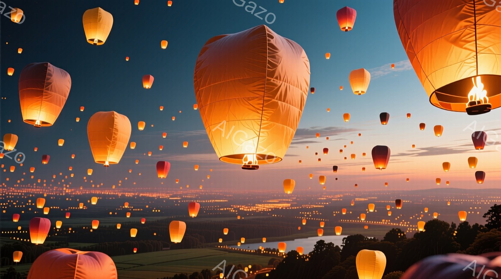 深い夕焼け空に、無数の光り輝くランタンが浮かび上がっている様子が捉えられている。地平線には、遠くの街並みや川がぼんやりと見え、自然と人工的な光が混ざり合っている。空全体が温かく、幻想的な雰囲気に包まれ - AI生成フリー素材