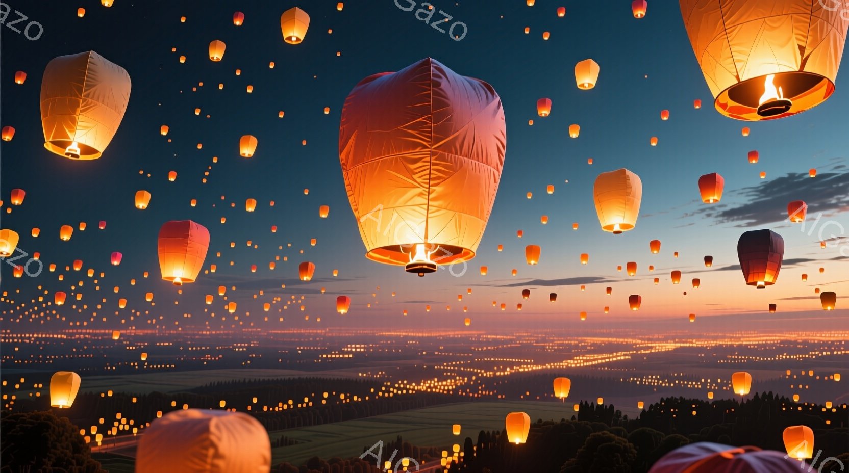 夜空には無数の提灯が浮かび、まるで星屑のようであり、暖かく幻想的な光景を作り出している。地平線には都市の光が広がり、緑豊かな丘陵地帯とコントラストをなしている。空は夕焼けの名残と夜の闇が混ざり合い、穏 - AI生成フリー素材