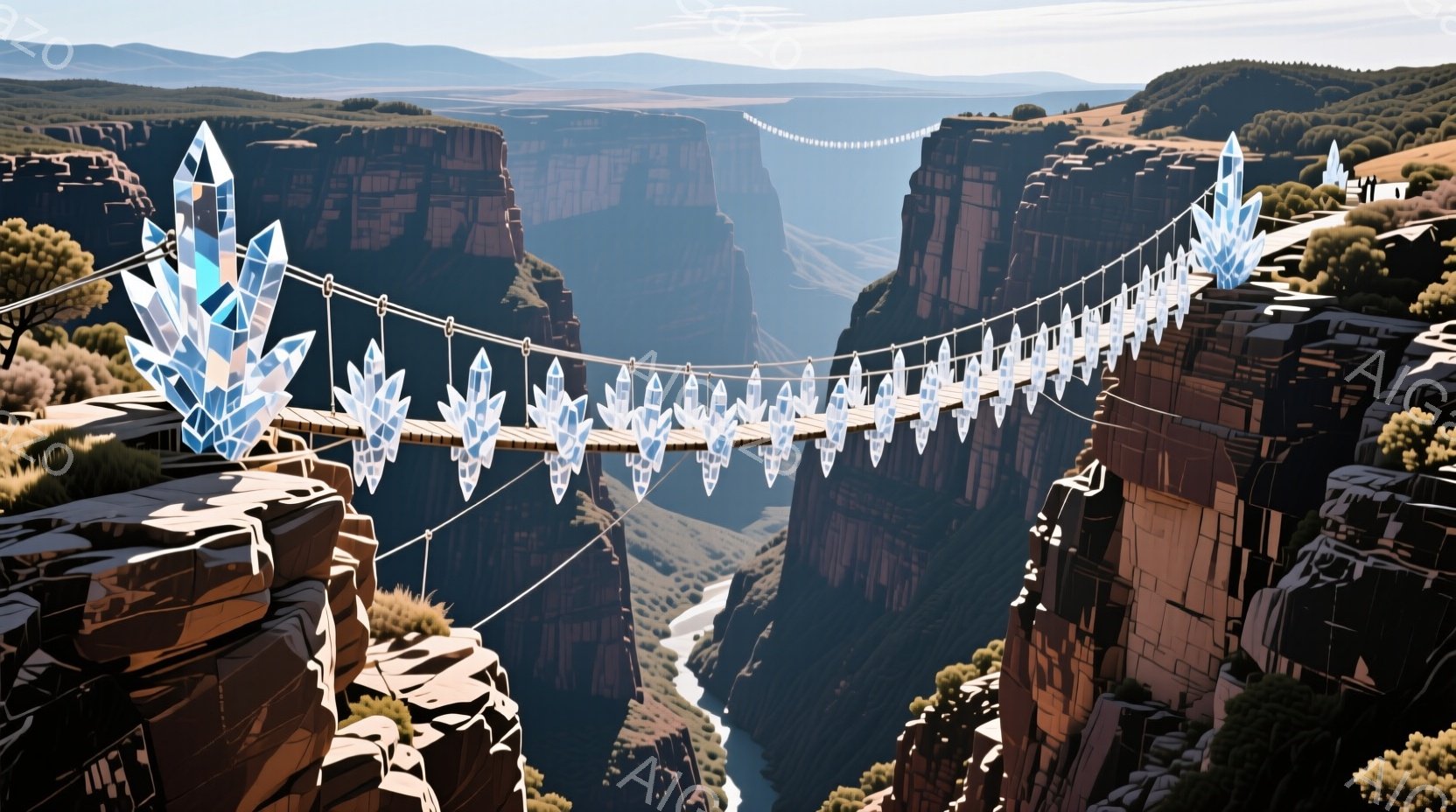 深い渓谷を横切るように、クリスタルの飾りで飾られたロープ橋が架かっている。渓谷の壁は赤茶色で険しく、遠くには緑の丘陵が広がっている。青空の下、クリスタルの輝きが橋を幻想的に彩り、静かで神秘的な雰囲気を醸し出している。