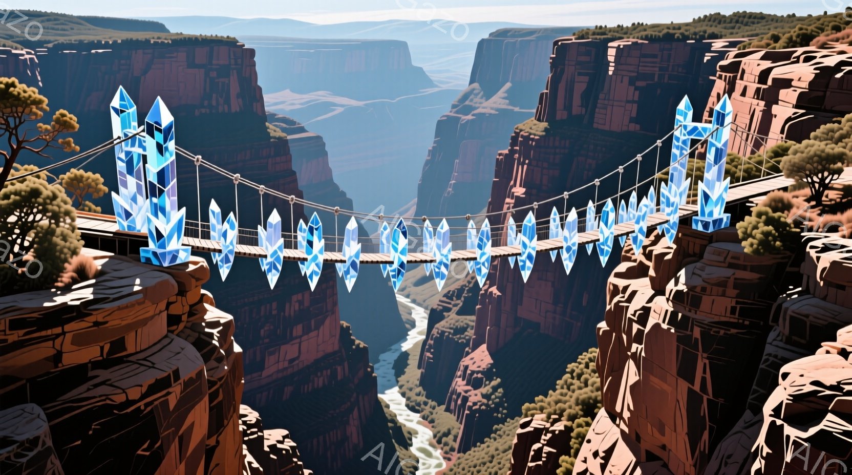 広大な渓谷に架かる吊り橋が印象的な風景です。橋の上には青白い結晶が等間隔に並び、幻想的な雰囲気を醸し出しています。深紅色の崖と、その間を流れる川が、大自然の雄大さを感じさせます。