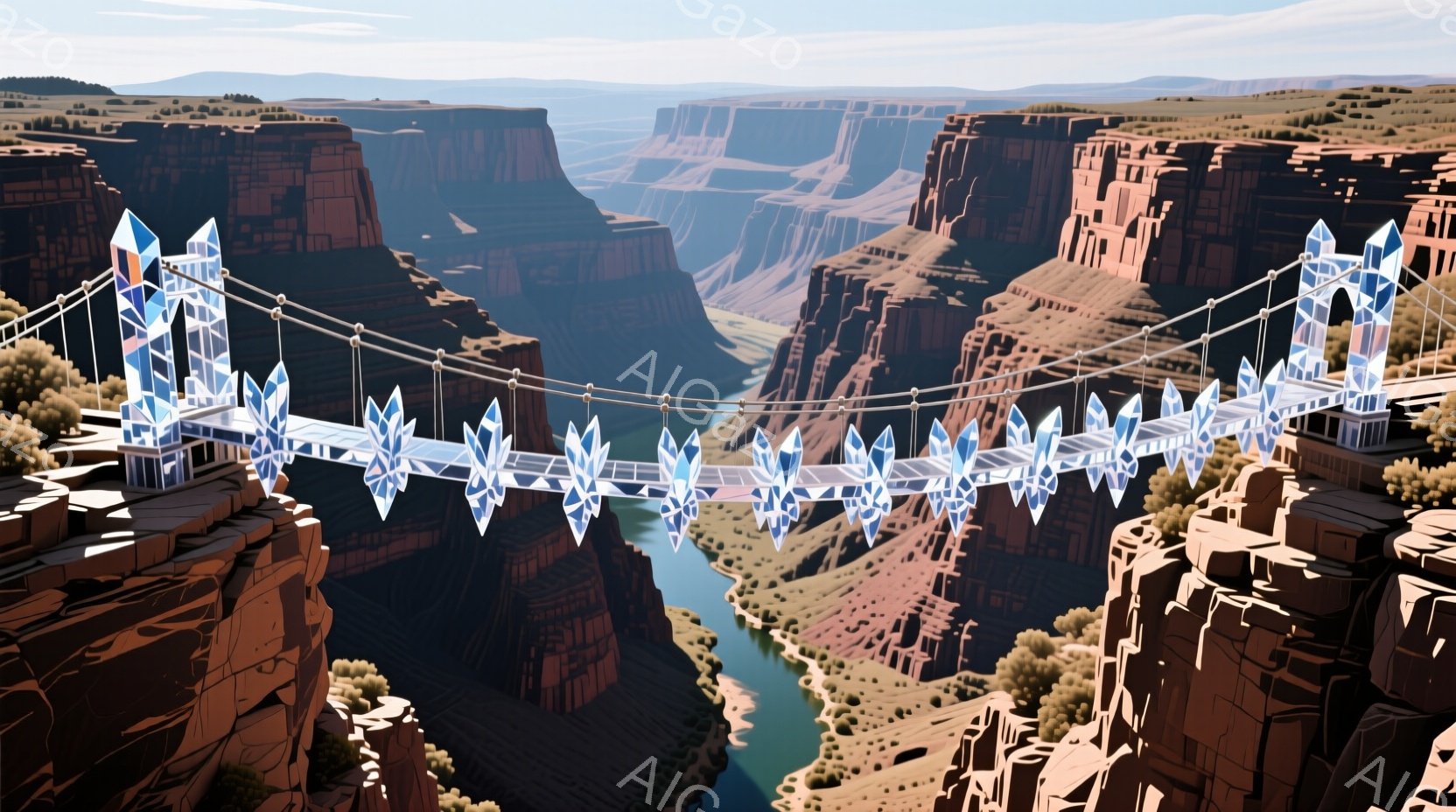 巨大な渓谷を横断する、透明な結晶のような柱で支えられた未来的な吊り橋が印象的な風景です。橋の両端にはモダンな建物が建てられており、背景の赤い岩肌と緑色の川とのコントラストが美しいです。全体として、壮大な自然と最先端技術が融合した、幻想的で希望に満ちた雰囲気が漂います。