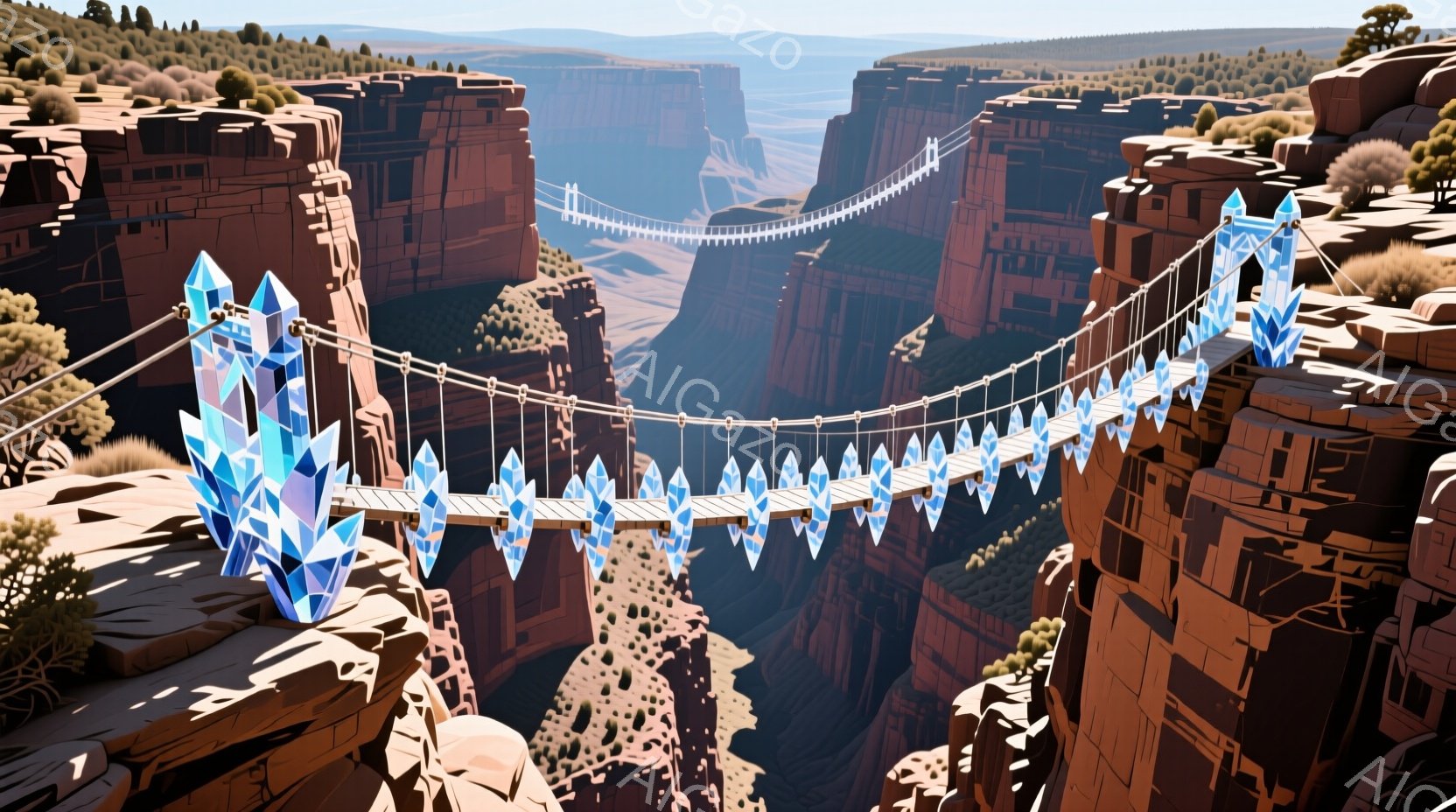 巨大な峡谷に架かるロープ橋が印象的な風景です。橋の支柱の代わりに、青いクリスタルが設置されており、幻想的な雰囲気を醸し出しています。背景には、赤茶色の岩肌がそびえ立ち、遠くには霞んだ山々が見え、壮大な自然のスケールを感じさせます。