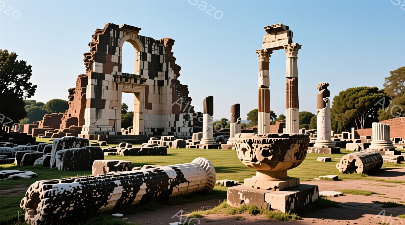 広大な緑の草原に、古代ローマ時代の遺跡が点在している。白い大理石の柱や崩れたアーチ、転がっている円柱など、歴史を感じさせる石造りの構造物が散らばっており、背景には緑豊かな木々が広がっている。空は晴れ渡り、遺跡全体が温かい日差しに照らされている。