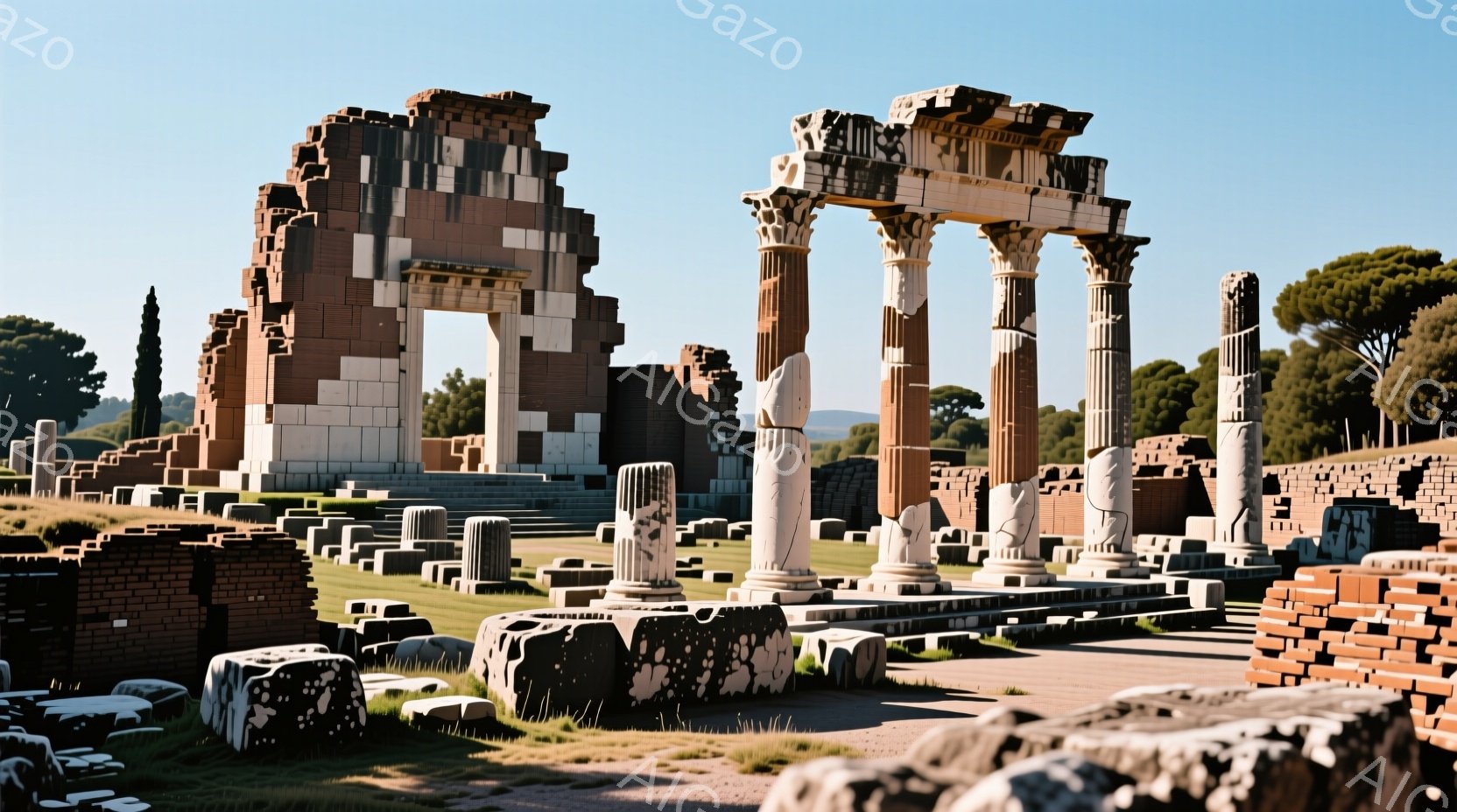 古代ローマ時代の遺跡が広がり、白と赤の石材で構成された崩れかけた柱やアーチが印象的である。青空の下、緑の木々が背景に広がり、遺跡の荘厳さと静寂さを強調している。地面には、石の破片が散らばり、時の流れを感じさせる。
