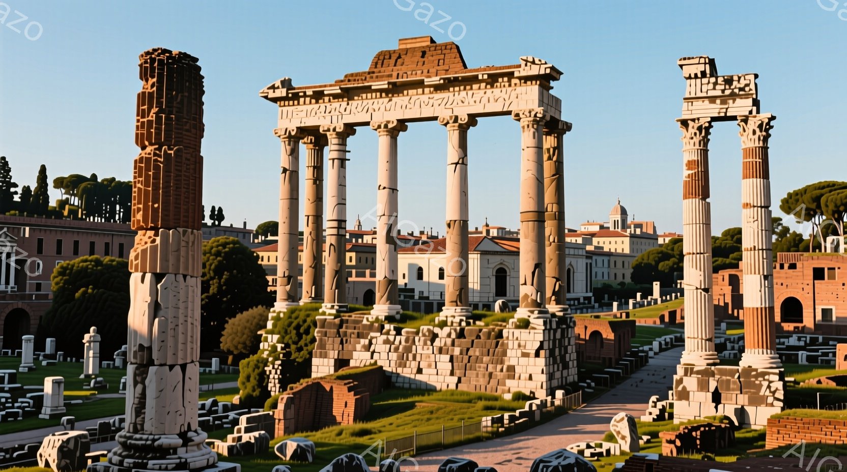 ローマのフォロ・ロマーノに立つ、古代ローマの柱と神殿の遺跡が写っている。一部の柱は残っているものの、多くは崩壊しており、緑豊かな芝生と古代の石の破片が散らばっている。背景には、緑豊かな木々と、遠くに見えるローマの建物が広がっており、晴天の空の下、歴史と自然が調和した静謐な雰囲気が漂っている。