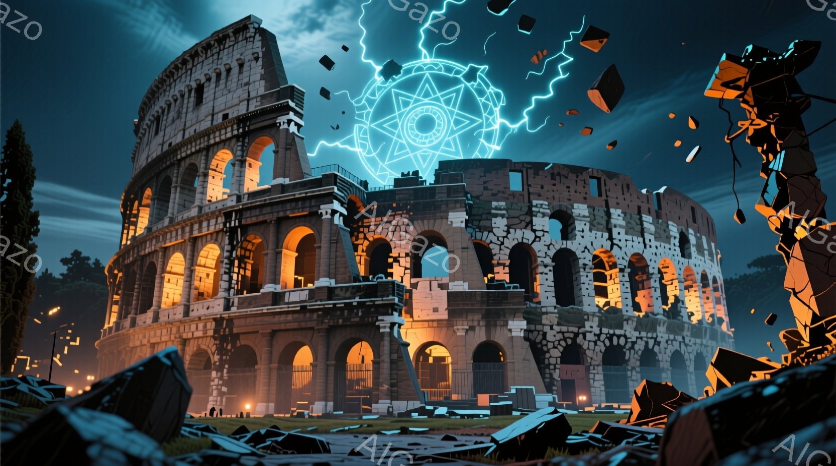 古代ローマのコロッセオが、夕暮れ時の薄暗い空の下にそびえ立っている。コロッセオの上空には、青白い光を放つ複雑な幾何学模様が浮かび上がり、周囲には断片化された多角形の破片が散らばっている。コロッセオの周囲には緑の植物が点在し、地割れのような岩石の破片が散乱し、不穏な雰囲気を醸し出している。