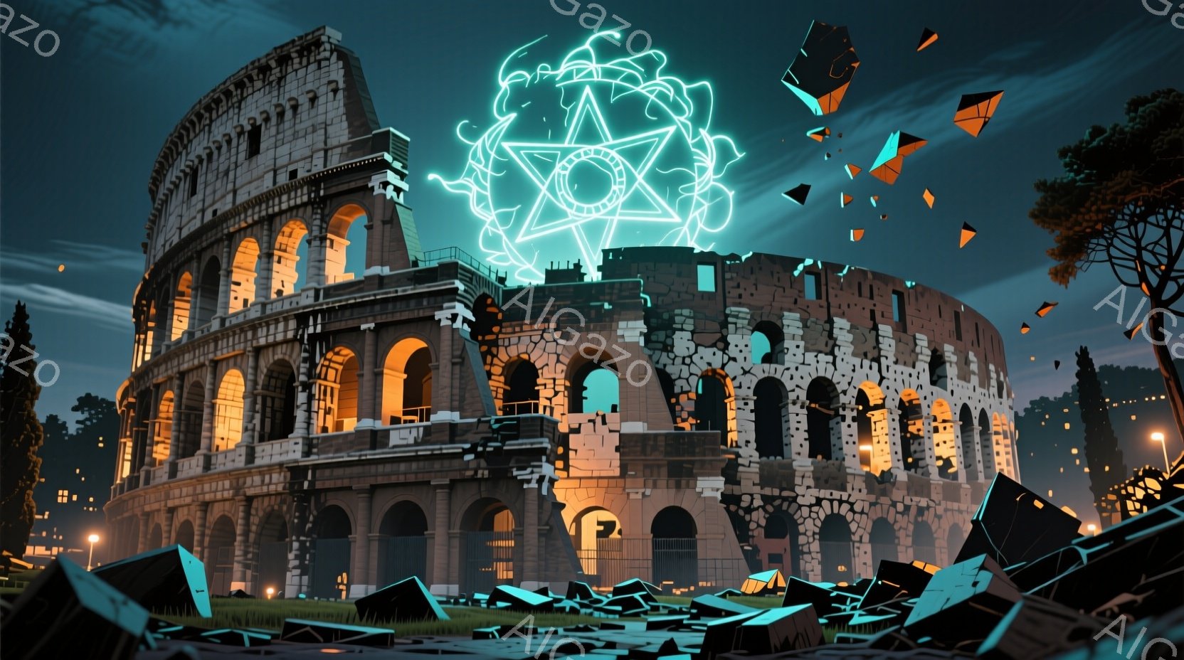 コロッセオが夕暮れ時の空の下にそびえ立ち、一部が砕けたポリゴン状の青い破片が周囲に浮遊している。コロッセオは明るいオレンジ色の光で照らされ、古代の石造りの構造が強調されている。背景には暗いシルエットの木々と、かすかに見える丘陵地帯が広がり、幻想的で神秘的な雰囲気を醸し出している。